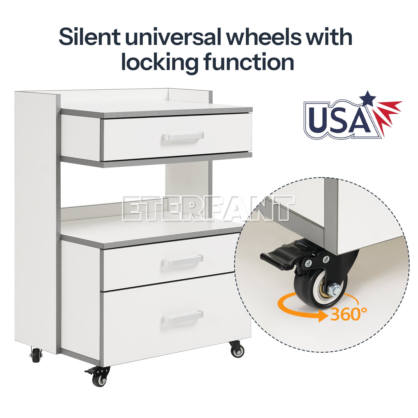 Dental Medical Trolley Cart Acrylic Mobile Wooden Cabinet Rolling Cart 3 Drawers