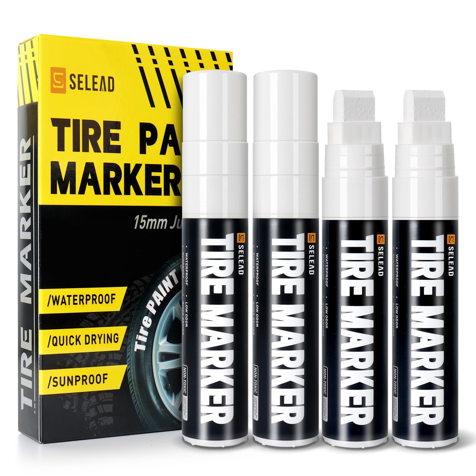Selead jumbo tire marker white - 4 pack 15mm wide tip paint pens for car tire...