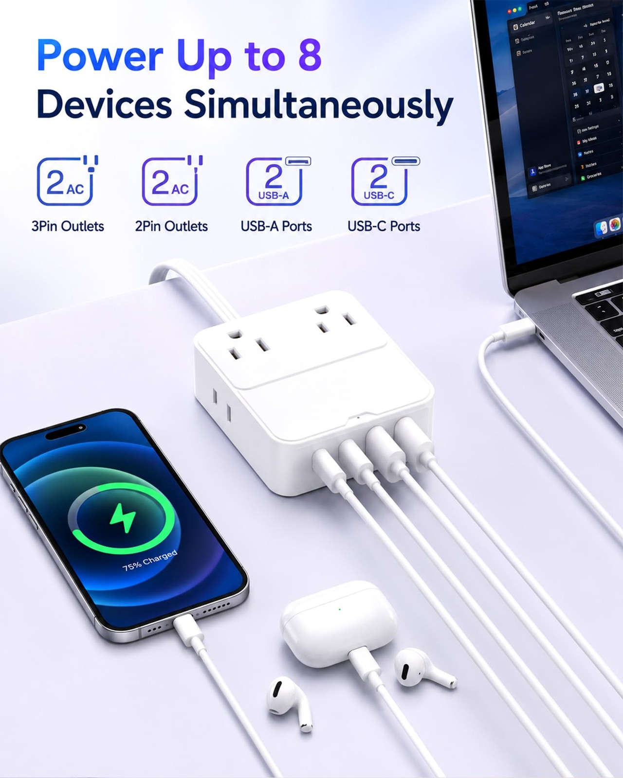 Surge Protector Power Strip: Multiple Outlets Extender with 6Ft Flat Plug Ext...