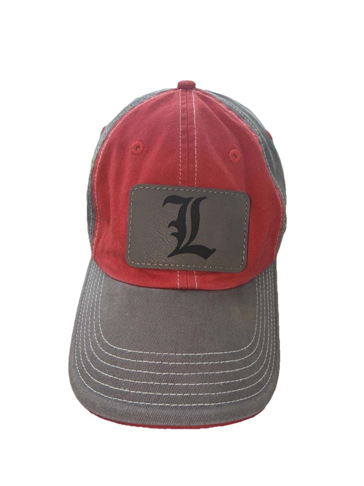 L Script On faux Leather Gray Patch Hat Cap Gray Red Hook Loop Richardson Md/lg