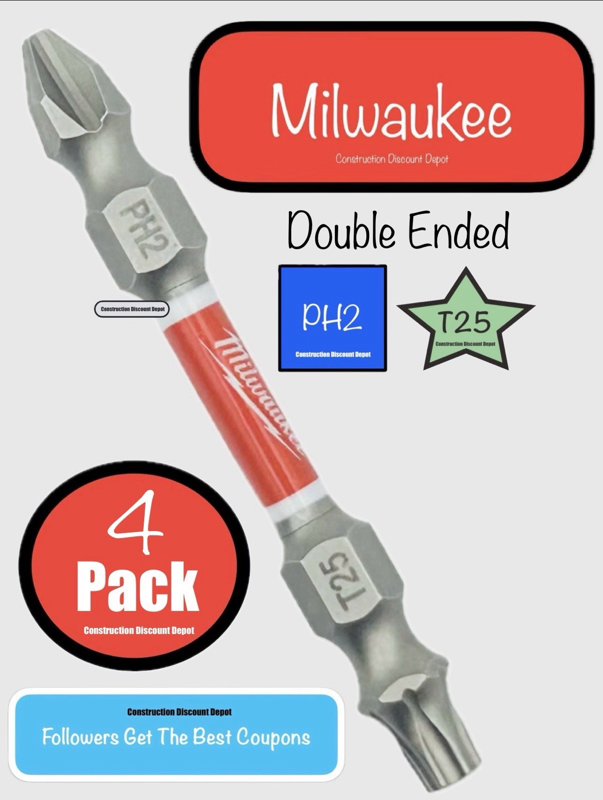 4 Pack Milwaukee SHOCKWAVE Impact Rated Double Ended Bits PH2 T25