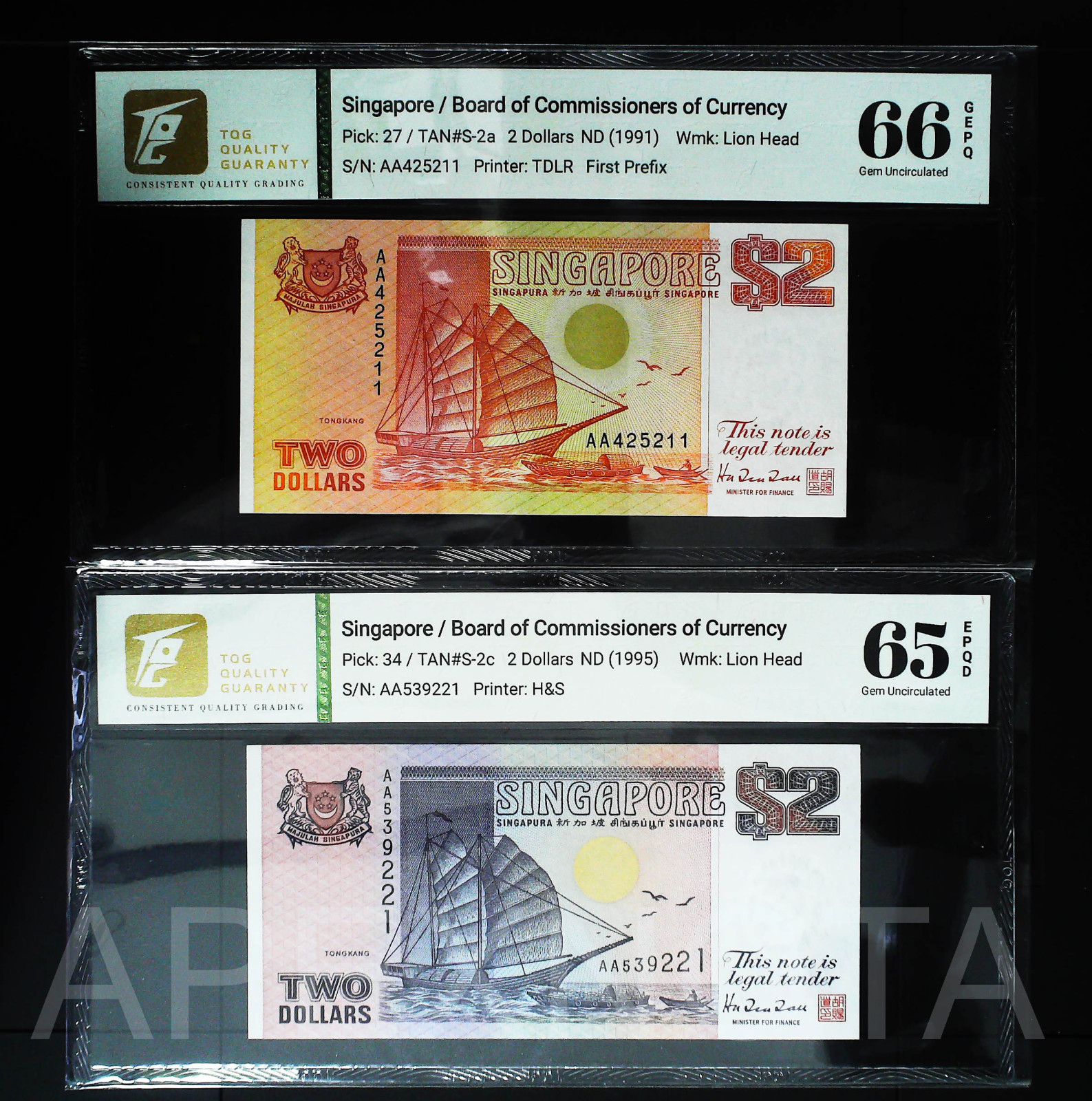[AA PREFIX] SINGAPORE $2 1991 1995 P27 P34 GEM UNC EPQ ORANGE PURPLE SHIP 2PCS