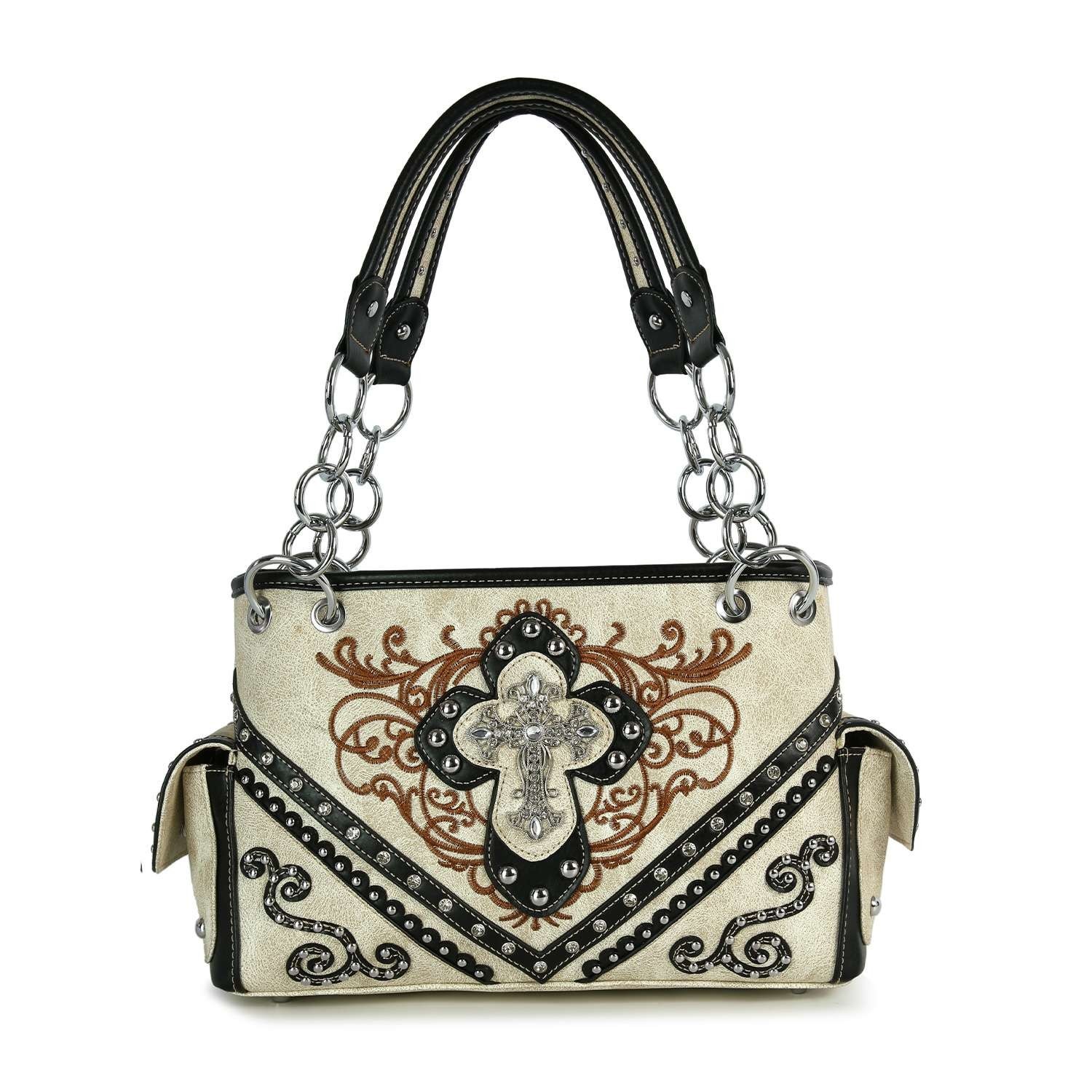 Western Rhinestone Cross Concealed Carry Handbag Women Embroidered CCW Purse