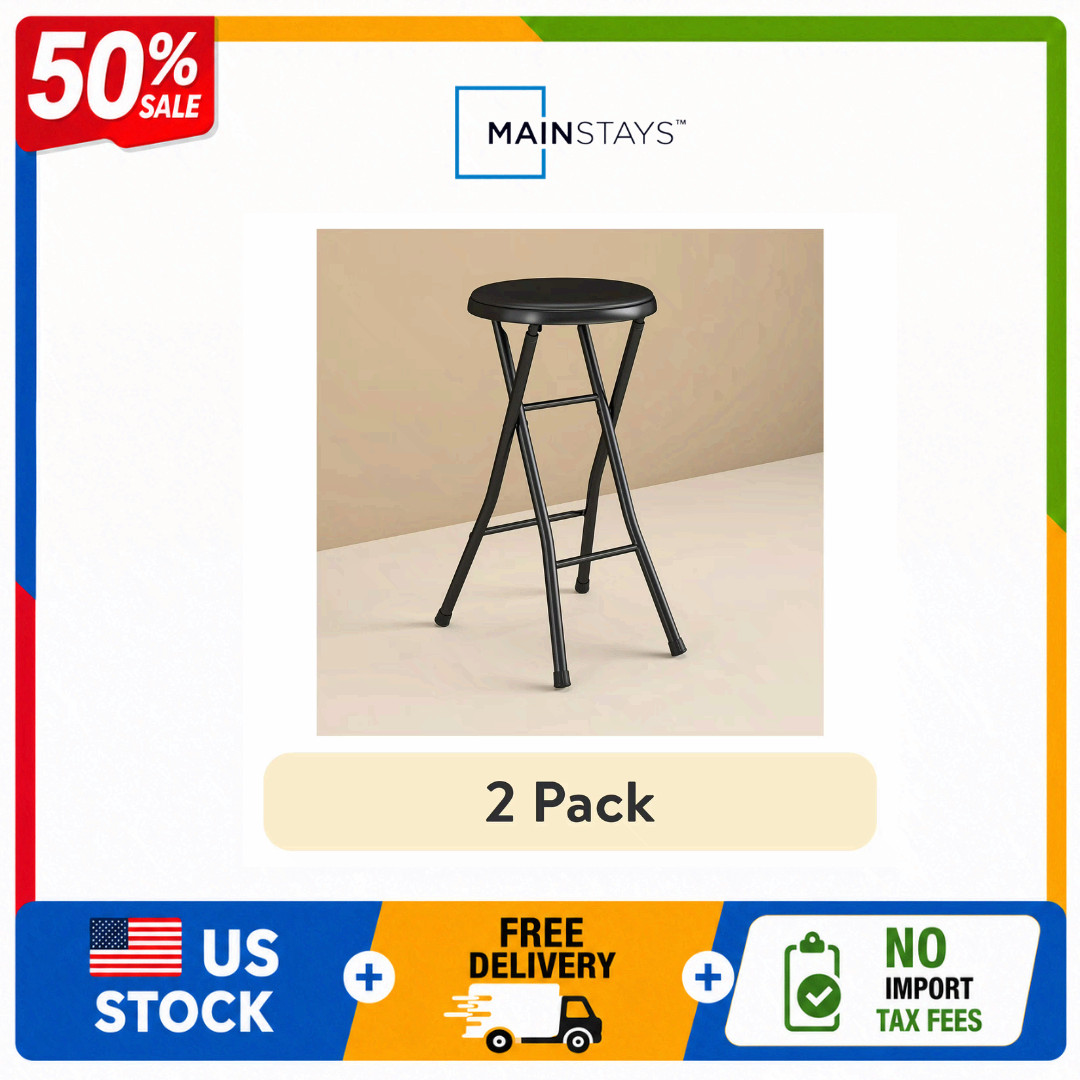 Mainstays Folding Vinyl Padded Counter Stool, Black, 2 Pack
