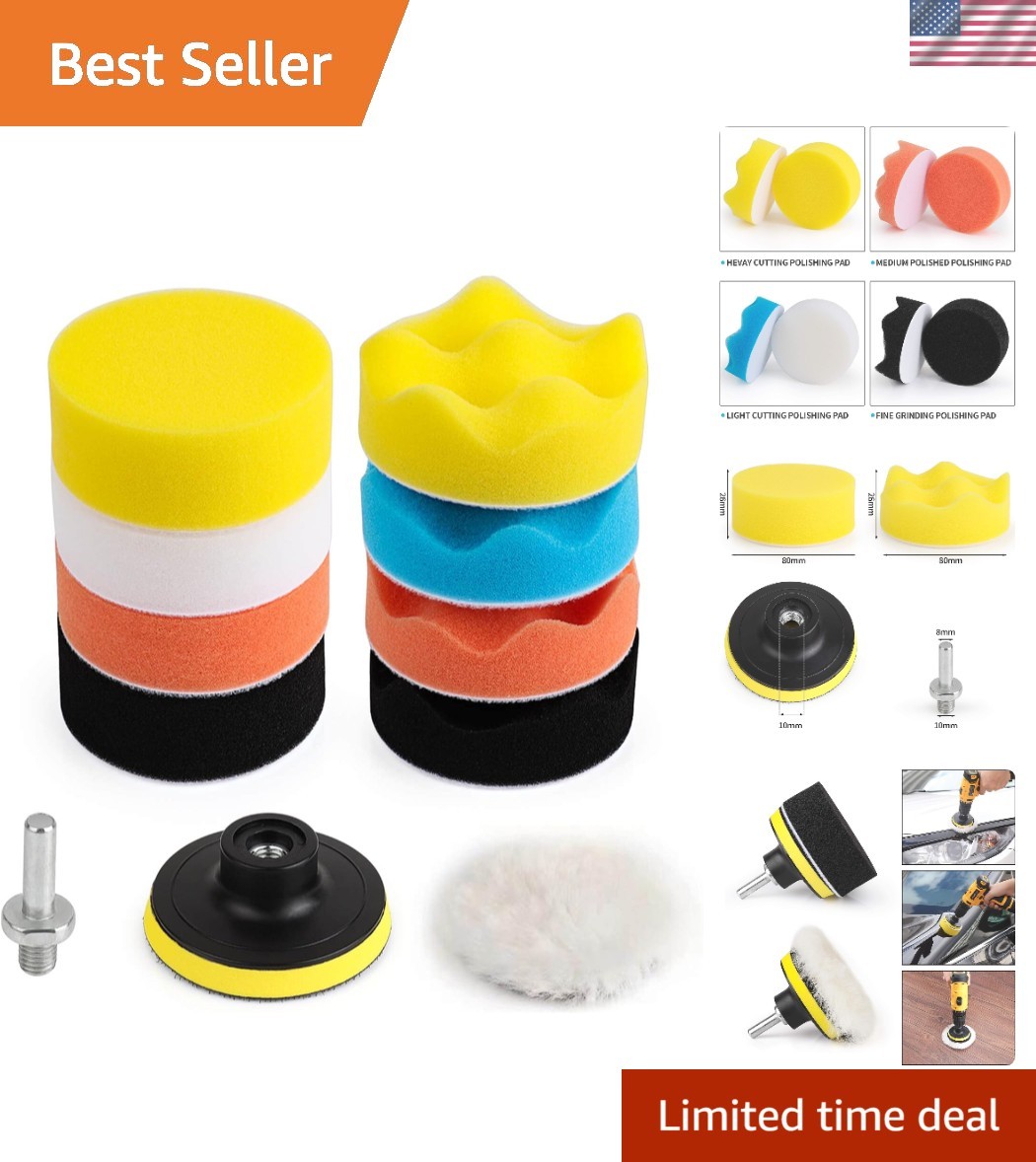 11-Piece Car Buffing Pads Set - 3-Inch Foam and Wool Attachments for Polishing