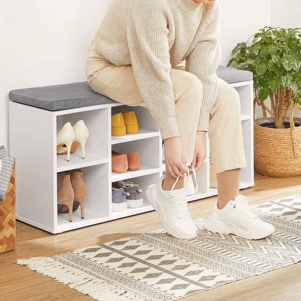 Shoe Bench with Padded Seat Storage Entryway Bench 10 Compartments Cloud White