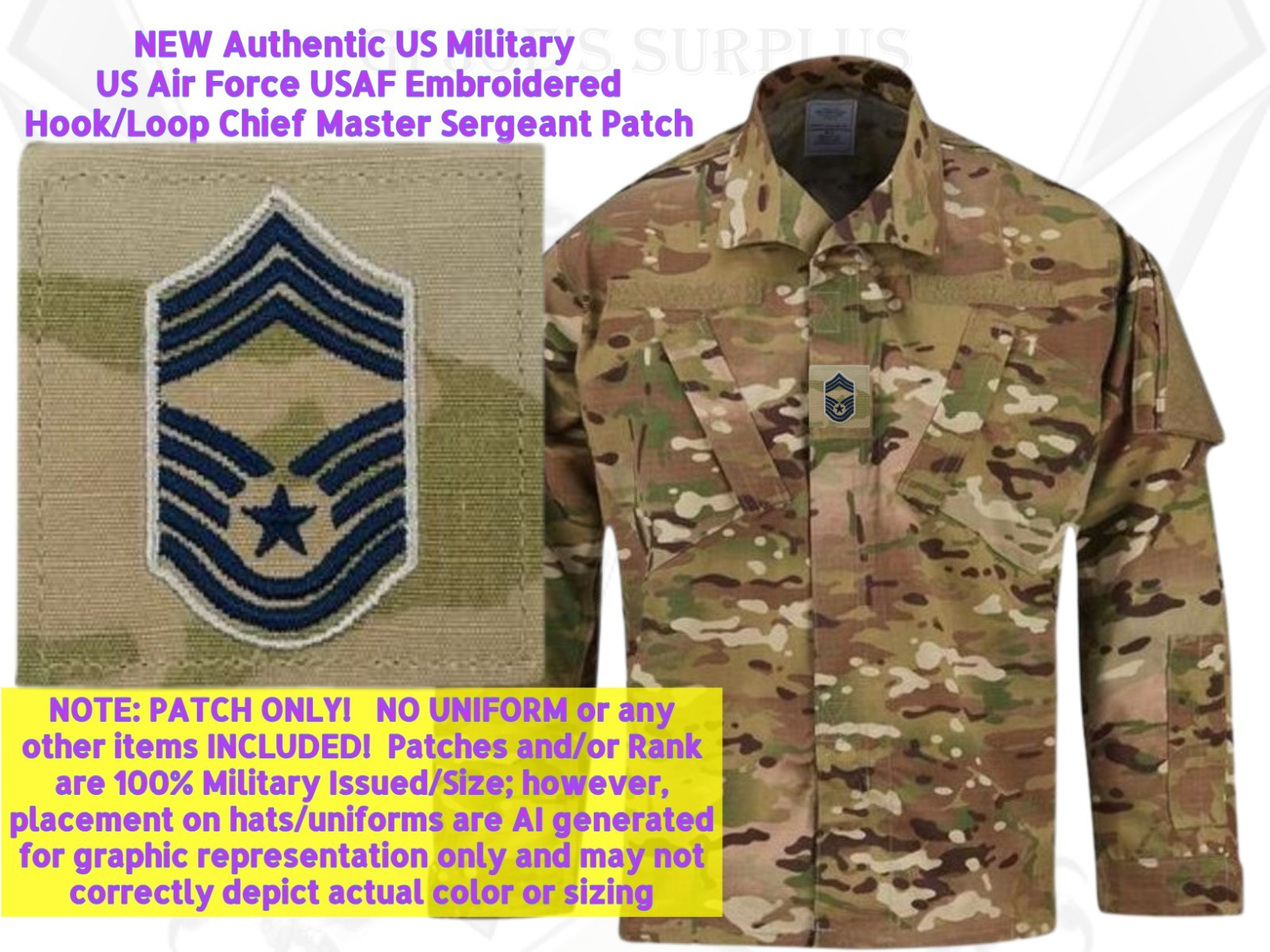Military Multicam OCP Uniform USAF Air Force Chief Master CMSgt Hook Rank 3C3