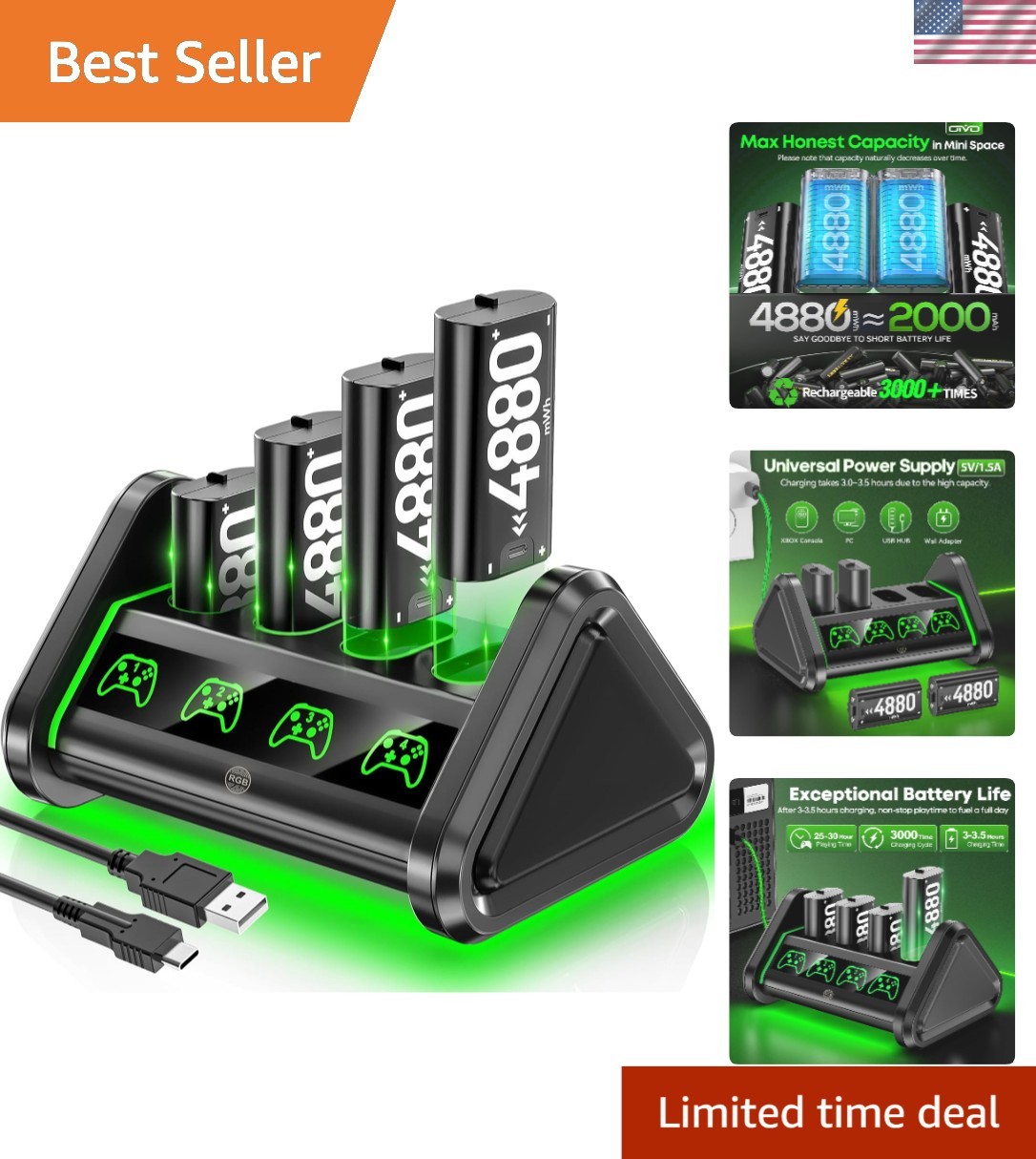 Reliable 4 x 4880mWh Xbox Battery Charger with LED Indicators & Safety Features