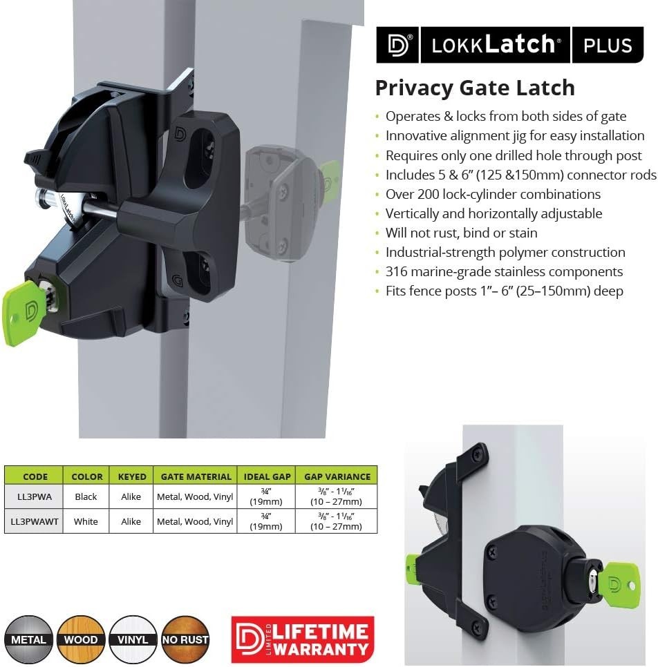Key Lockable LokkLatch Plus - Easy-Install Privacy Gate Latch for Secure Access