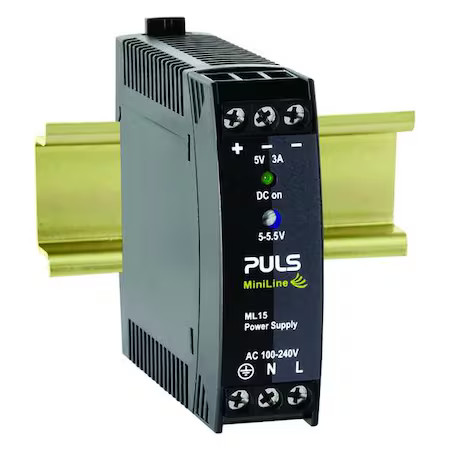 Puls Ml15.051 Dc Power Supply, 100/240V Ac, 5/5.5V Dc, 15 W, 3 A, Din Rail