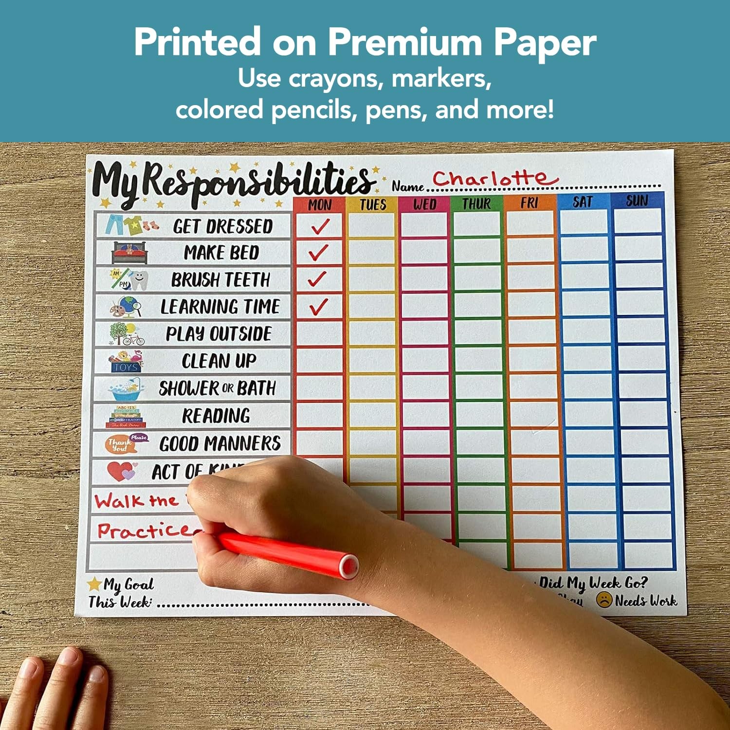 Kids Responsibility Chart Ages 3-6 Weekly Chore Routine Daily Task Checklist