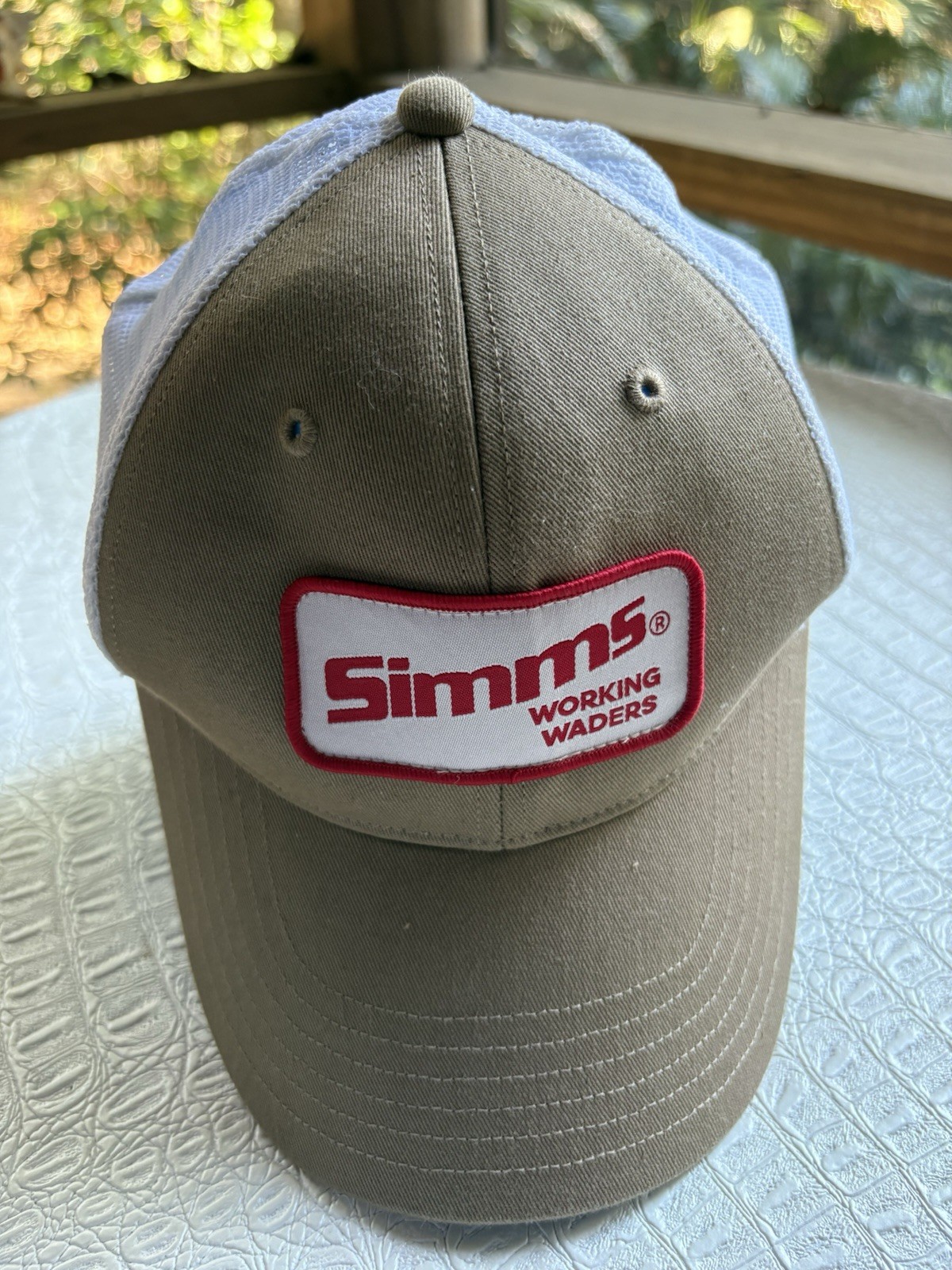 SIMMS Fishing Cap Hat SnapBack Working Waders Khaki Cotton White Nylon Mesh FLAW