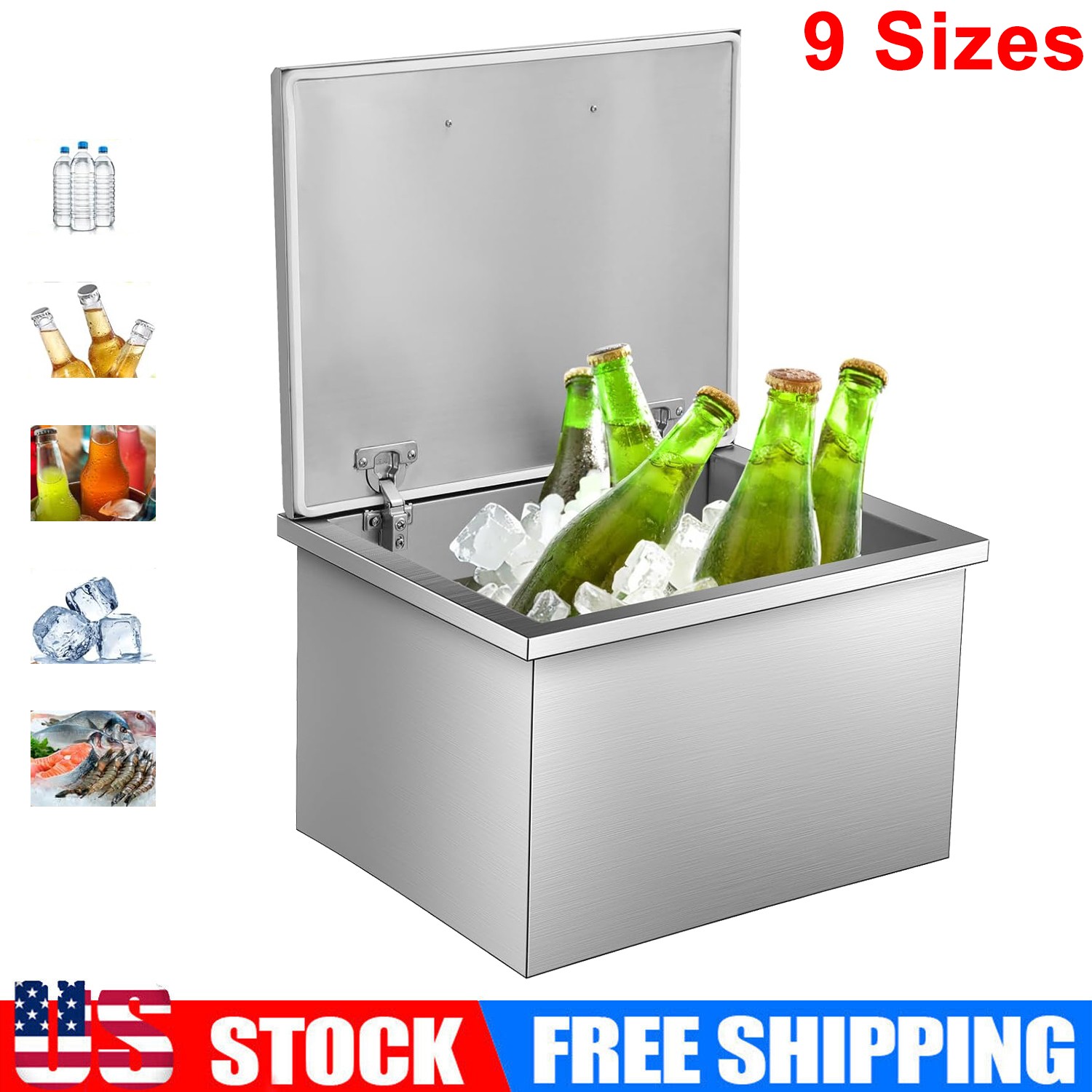 Drop in Ice Chest Stainless Steel Outdoor Ice Cooler Ice Bin with Hinged Cover