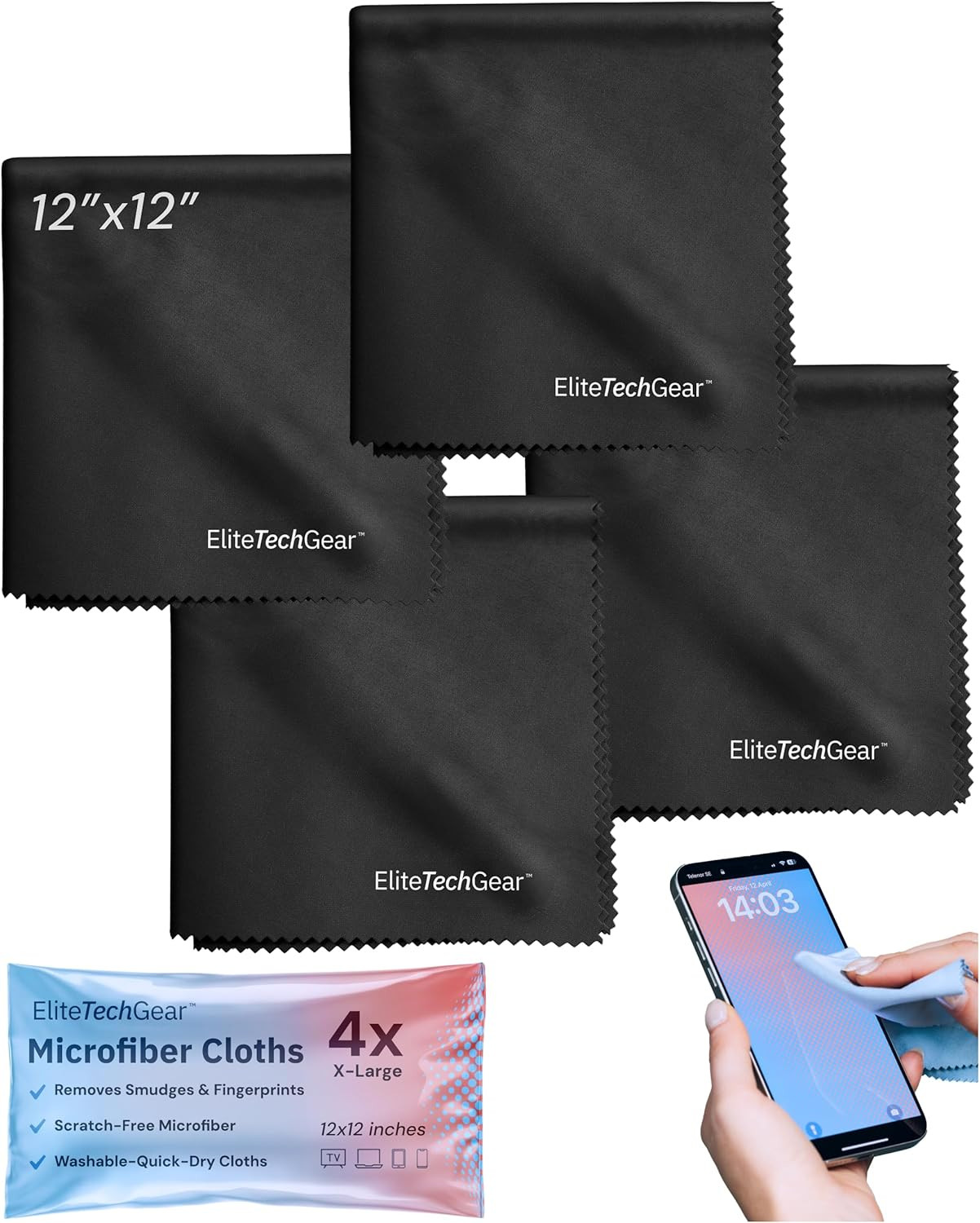 Elite Screens Microfiber Cleaning Cloth for Glasses & Electronics - 12" X 12", P