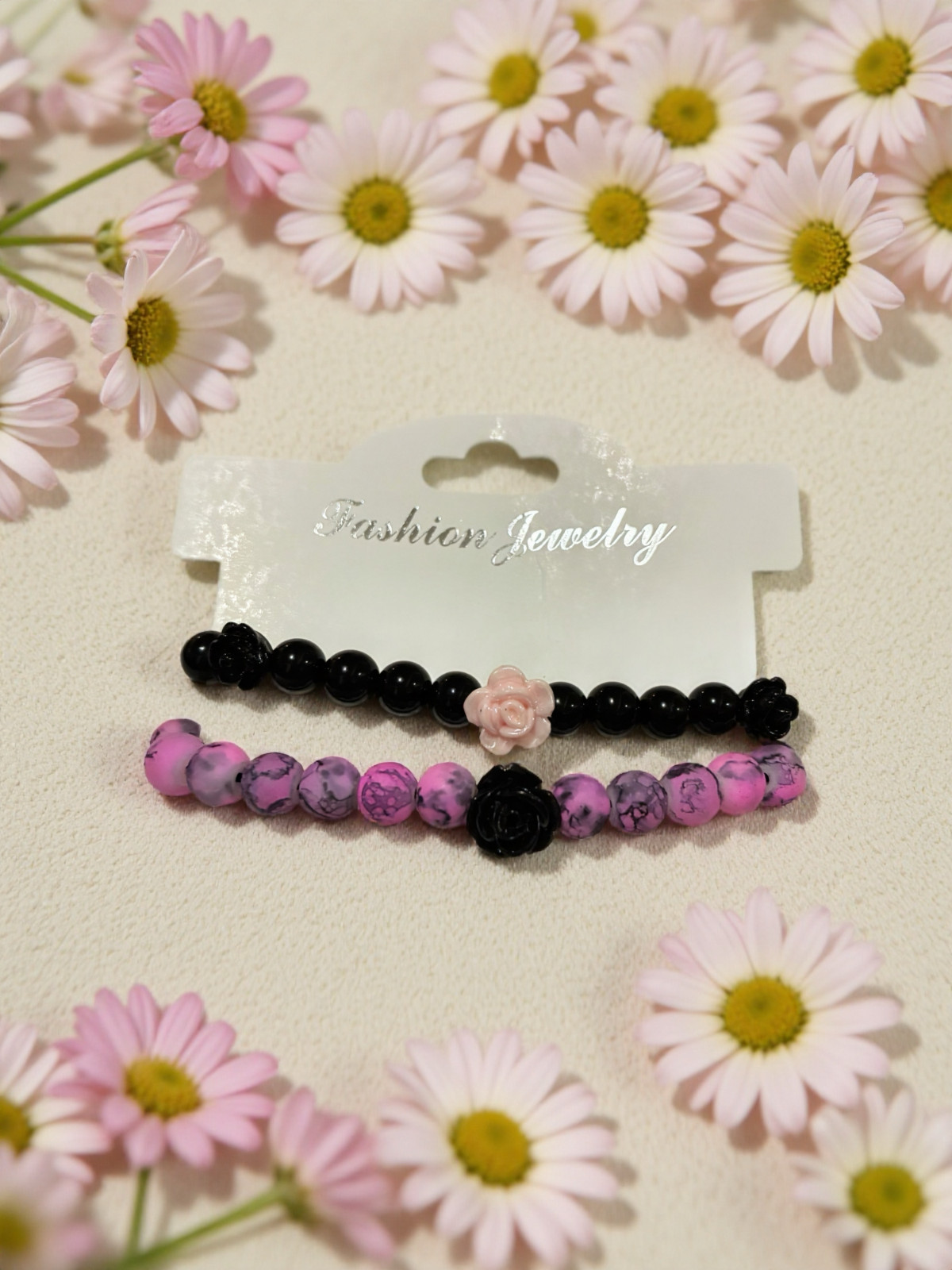 Set of 2 woman's pink, black crystal beads, acrylic rose handmade bracelet