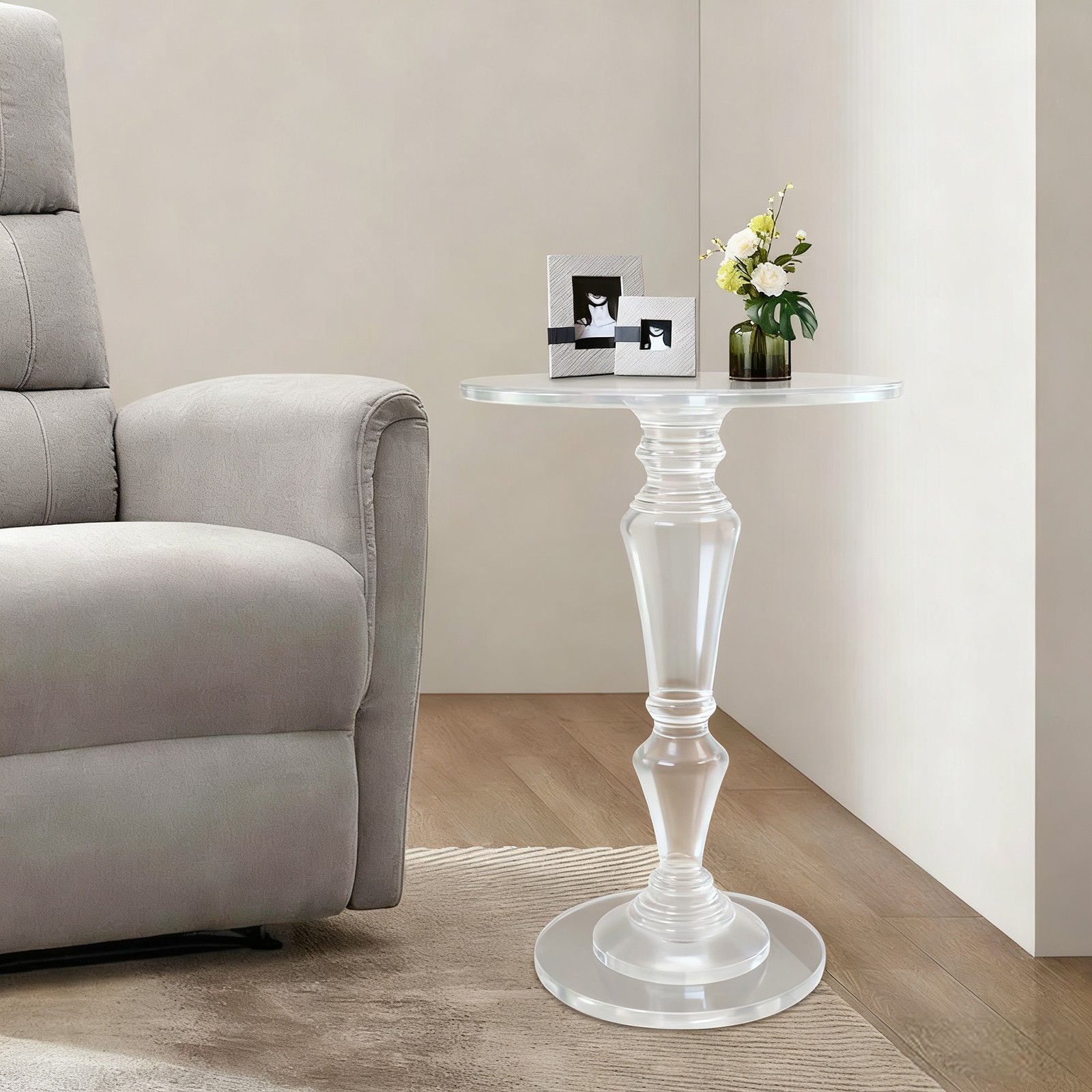 Clear Acrylic Side Table Round Ende Table Drink Table for Small Space 13.8"x19”