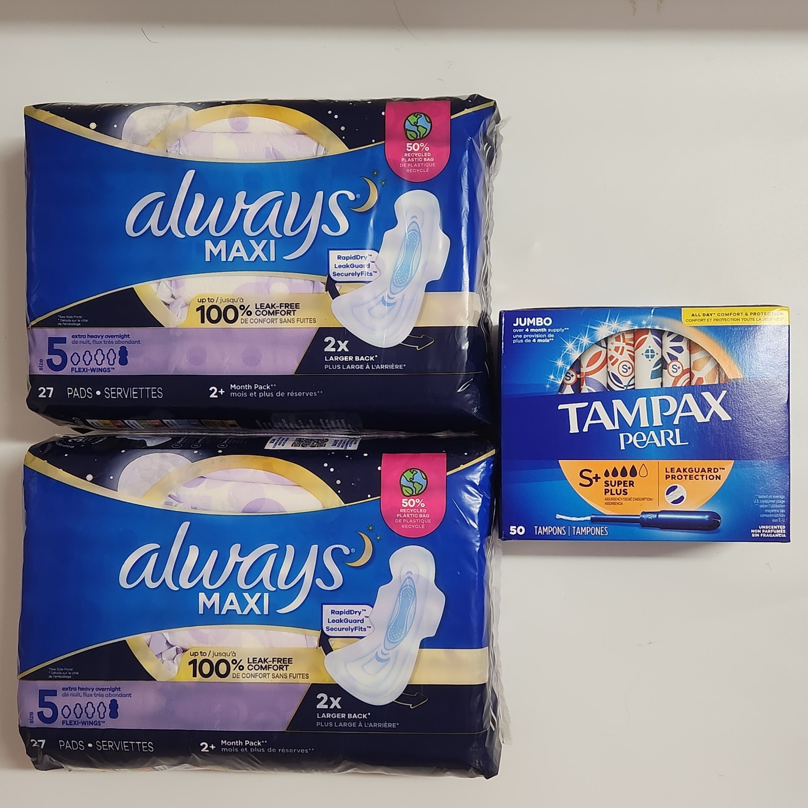 Always Maxi Overnight 54 Pads Size 5,Extra Heavy + Tampax Super Plus 50 Tampons