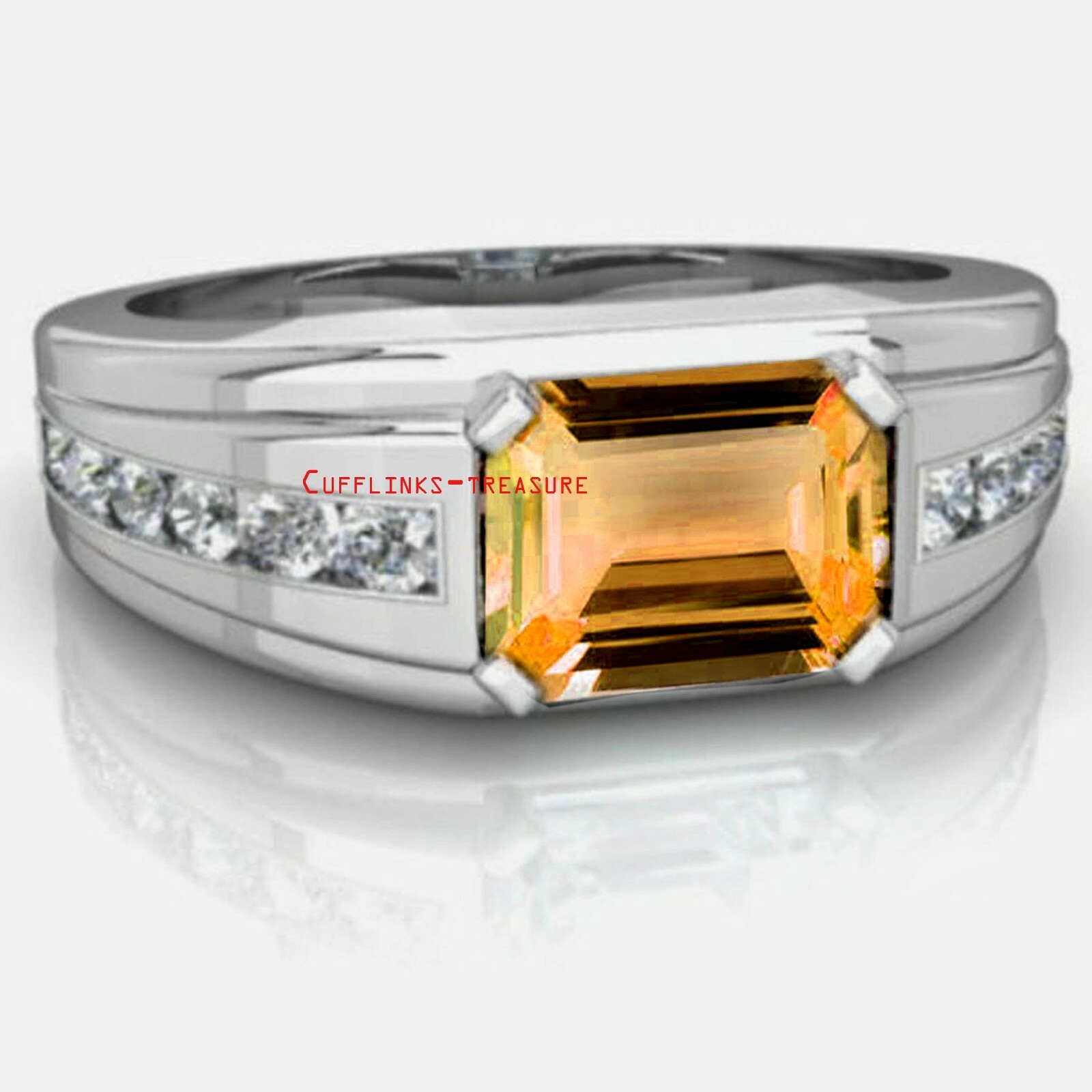Natural Citrine  & CZ  Gemstones With 925 Sterling Silver Ring For Men's