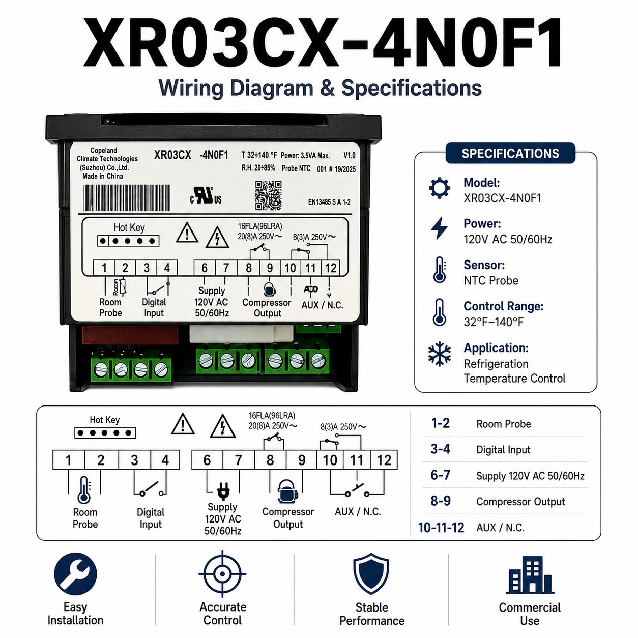 Dixell XR03CX-4N0F1 120V Digital Refrigeration Temperature Controller NTC Probe