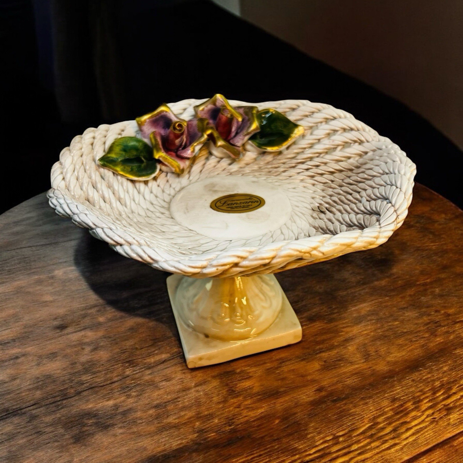 Lanzarin Ceramiche Basket Handmade Italy Vintage Roses White Woven Ceramic Vtg
