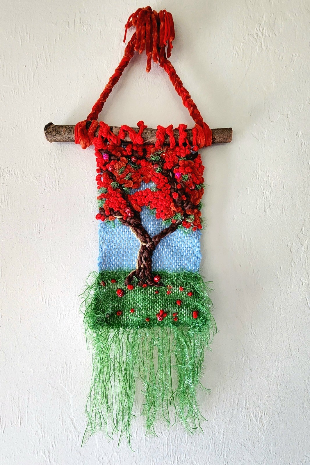 Small Loom Weaving With Embroidery.  Poinciana Tree.