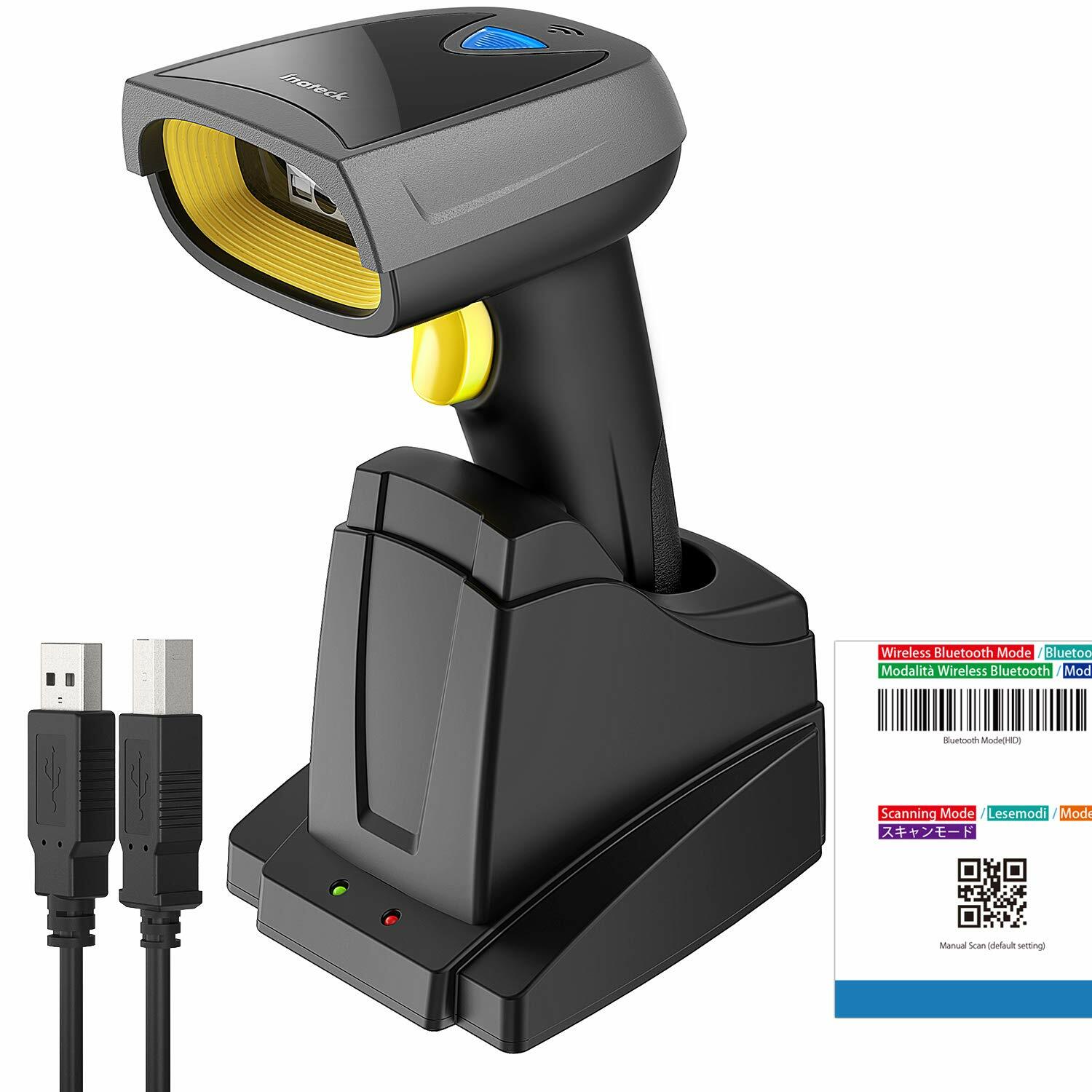 1D 2D Barcode Scanner Wireless Bluetooth QR Code Gun Read Screen Smart Base