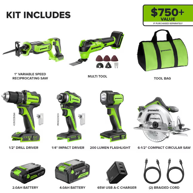 Greenworks 24-volt 6 -Tool Brushless Power Tool Combo Kit with Soft Case ( 2 -Ba