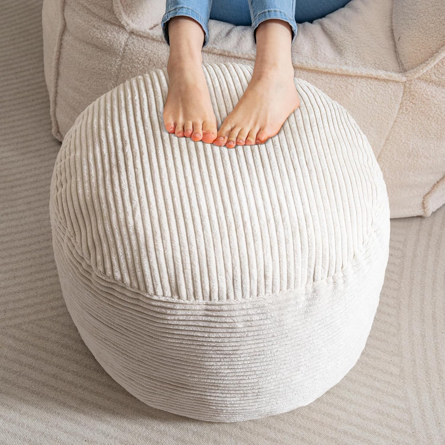 Round Stuffed Pouf Ottoman Corduroy Poufs W/ Foam Chunk Filling Furry & Fluffy