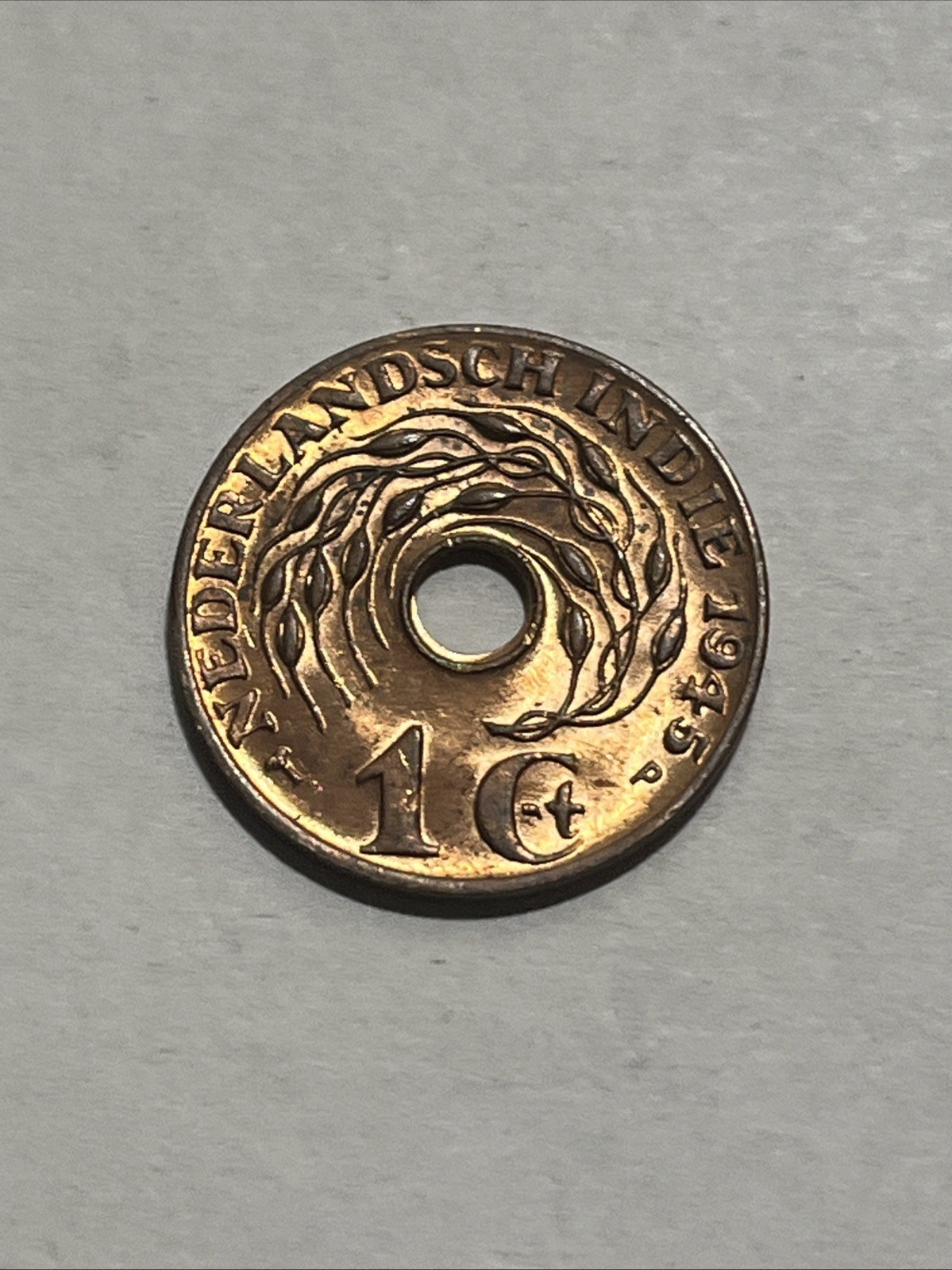 1945 Netherlands East Indies 1 Cent, 1/10 Gulden Bronze Coin, KM#317