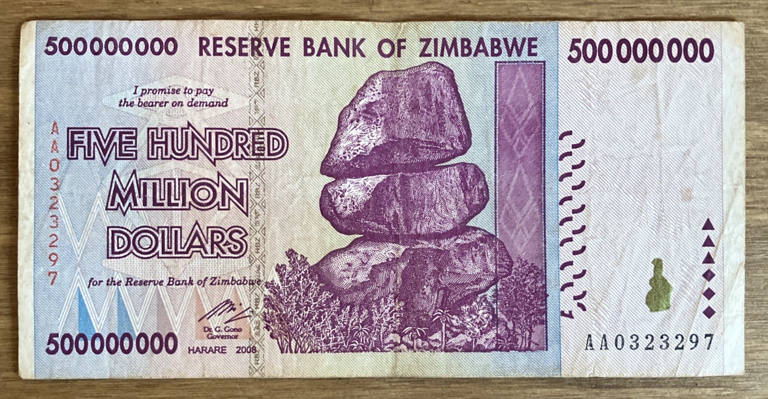 500 Million Dollars. Zimbabwe Banknote. AA Prefix. Dated 2008. Hyperinflation