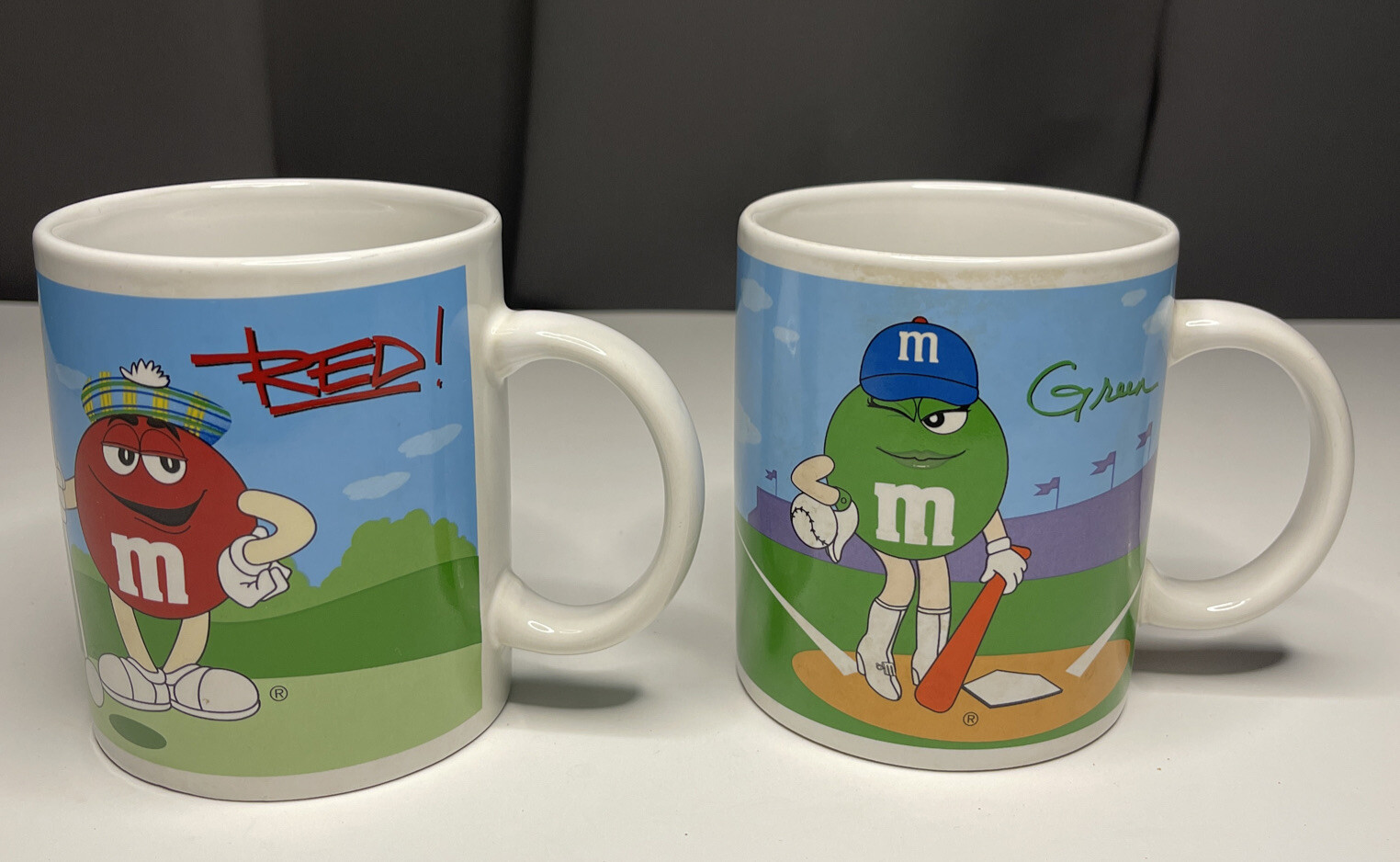 M&M Candy Coffee Mugs Green Yellow Blue Red Set of 2