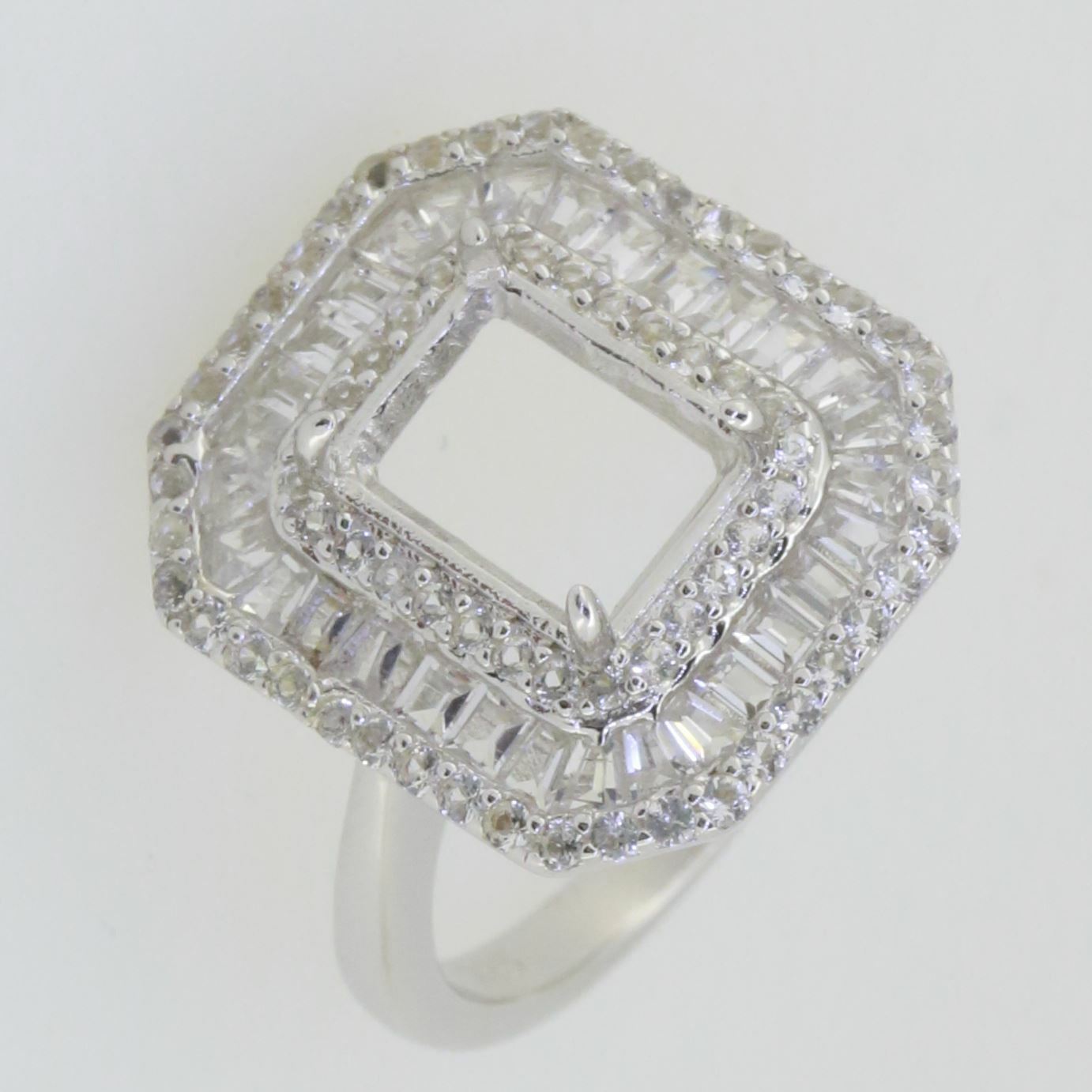 Sterling Silver Semi Mount Ring Setting Emerald OCT 9X7mm White Topaz