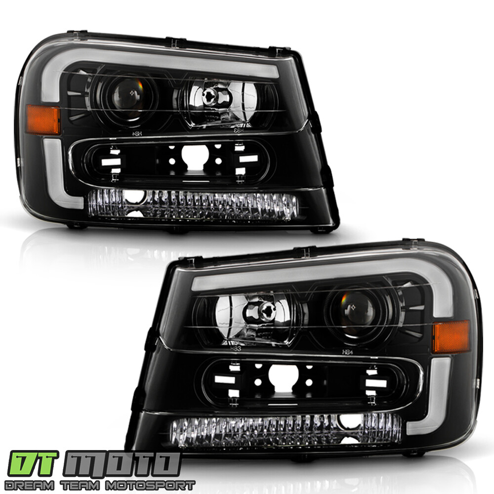 2002-2009 Chevy Trailblazer Black LED Tube Projector Headlights Pair Left+Right