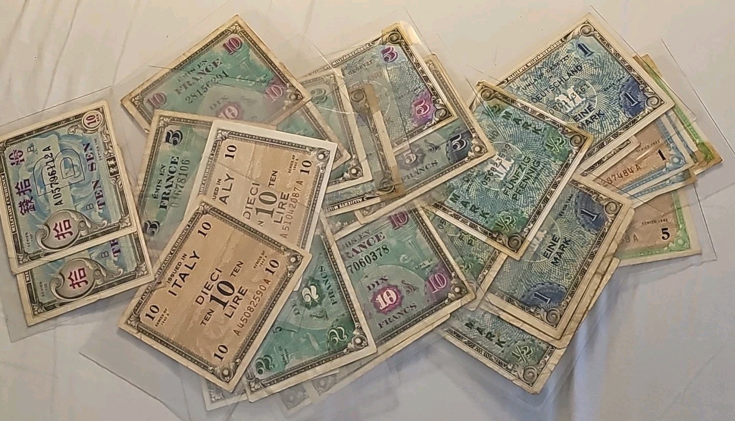 Lot Of 30: WW2 German Mark/Italian Lire/ Francs -1944/3A Allied Occ. Currency