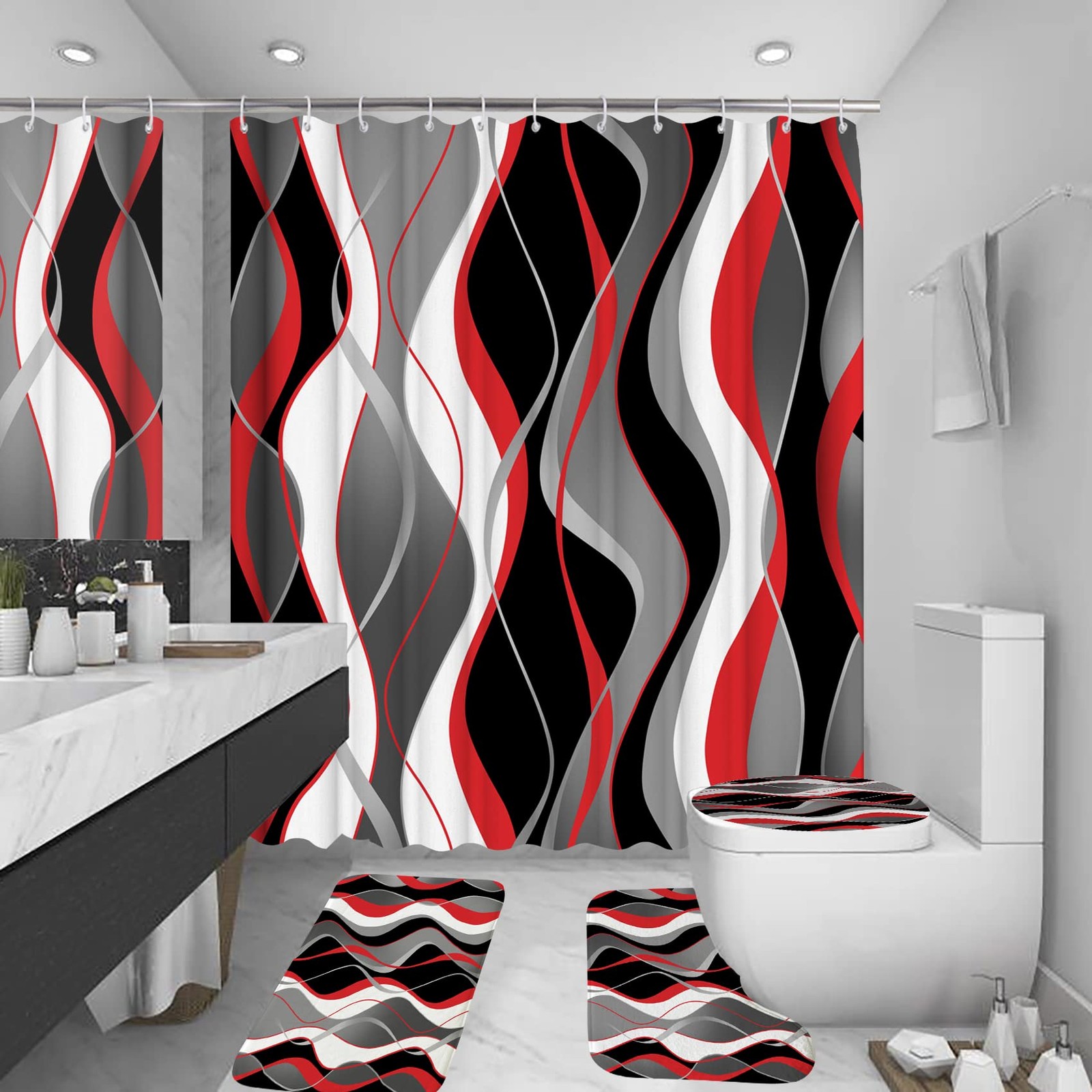 Red Shower Curtain Set with Rugs 72 x 72 4pc