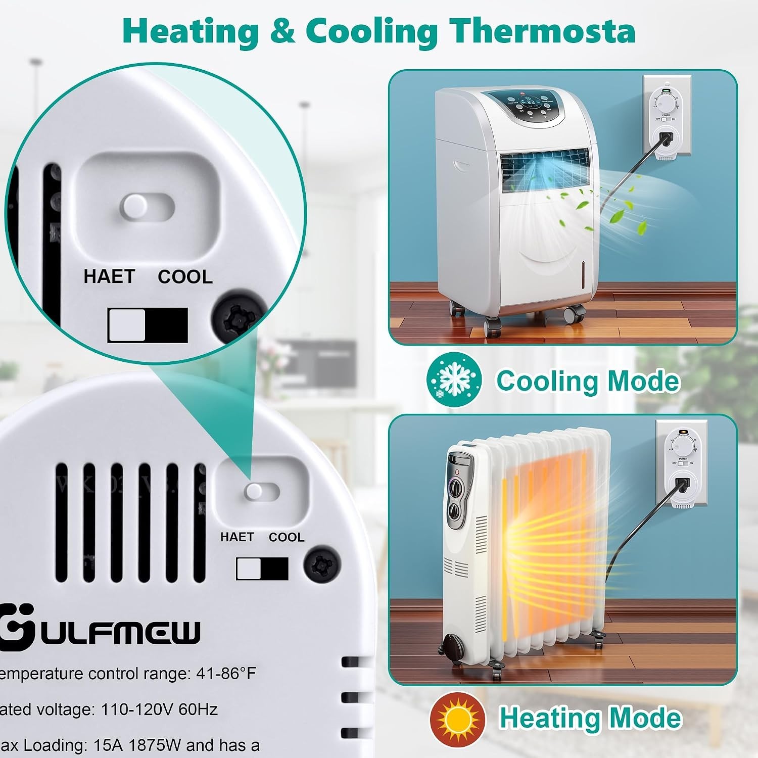 Gulfmew 2 Pack Adjustable Thermostat Plug In Heating Cooling Outlet White