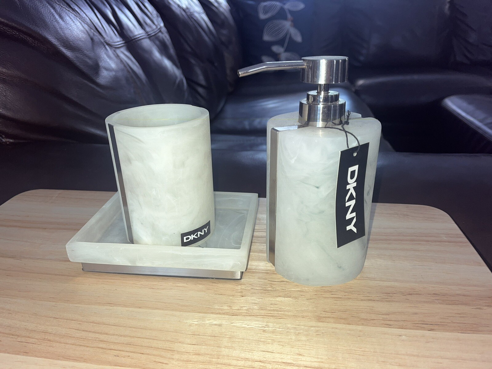 NEW 3 pc DKNY Bathroom Accessory Set Soap Dispenser Tumbler Soap Dish Highend
