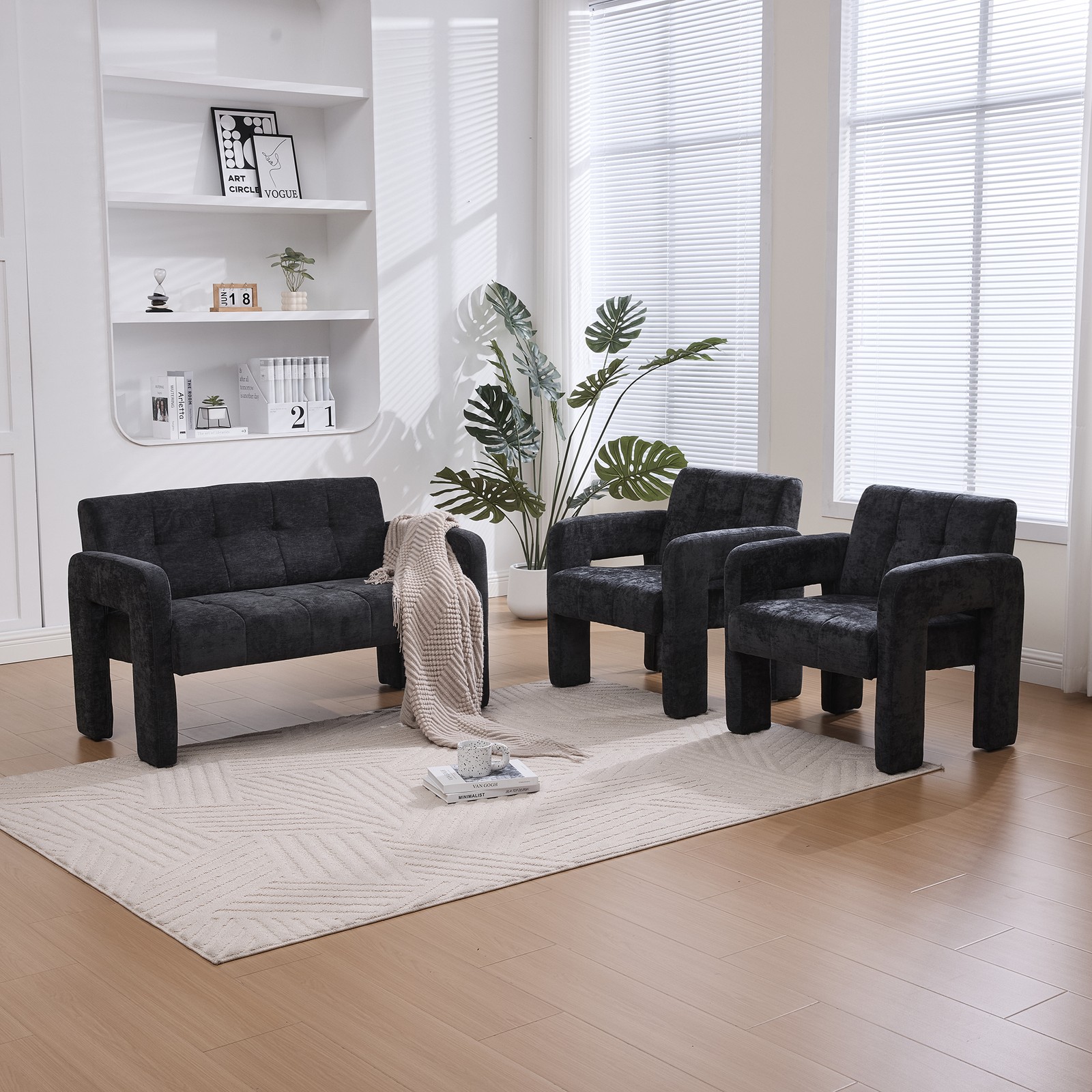 Nordic Modern Double Armchair Loveseat Sofa Chenille Black