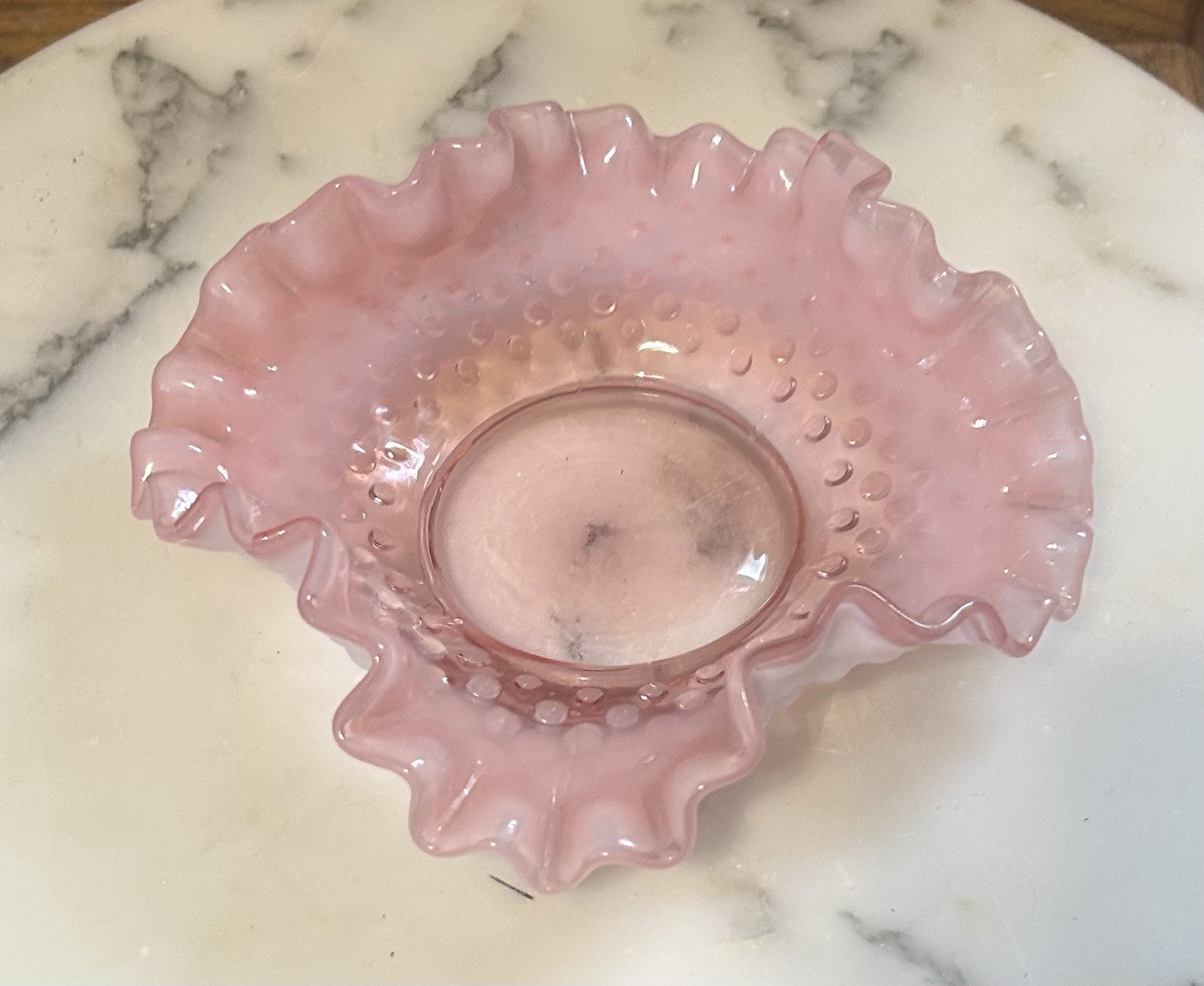 Vintage "FENTON" Ruffled Edge Pink Cranberry Opalescent 6” Hobnail Candy Dish