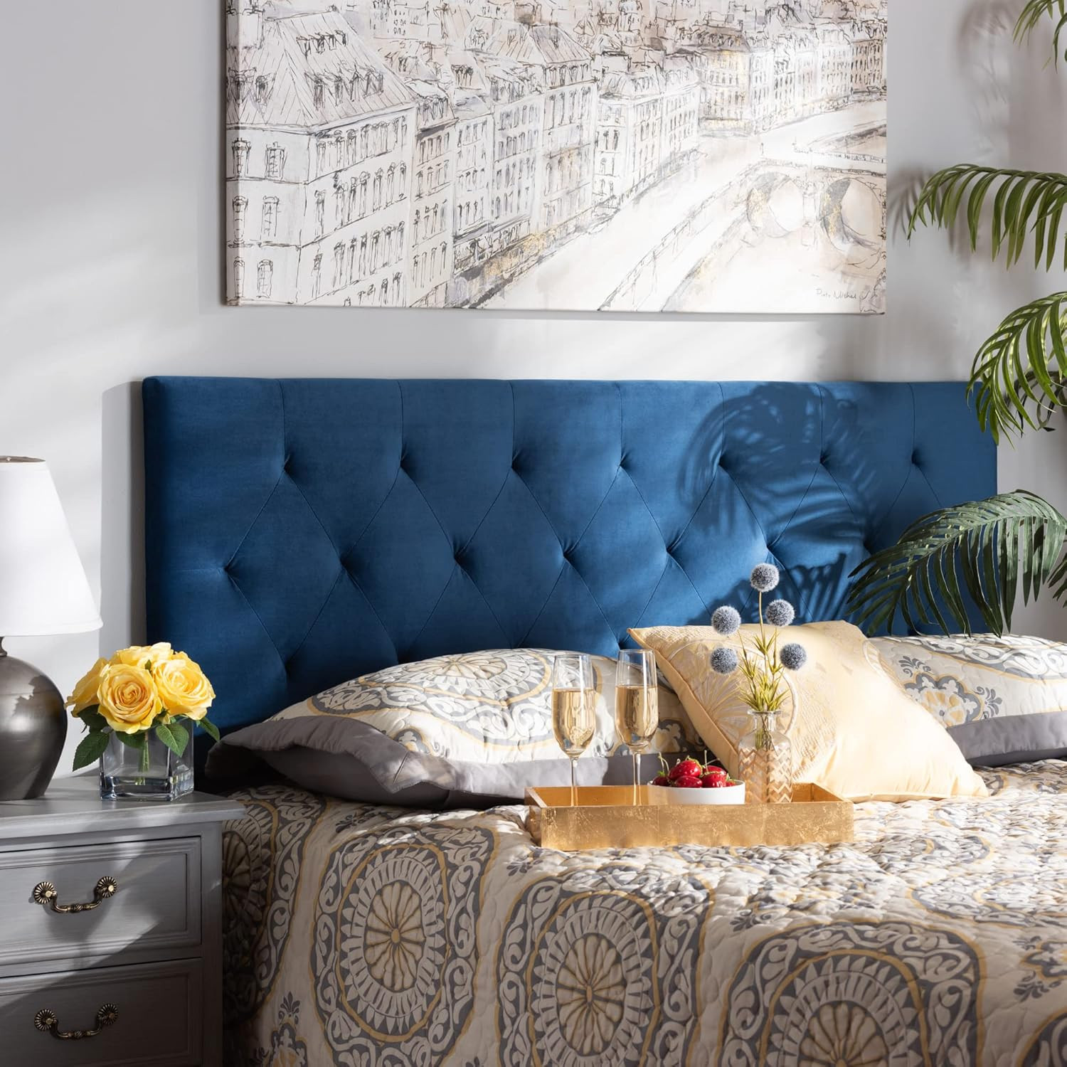 Stylish Navy Blue Velvet Full Size Headboard - Modern Design