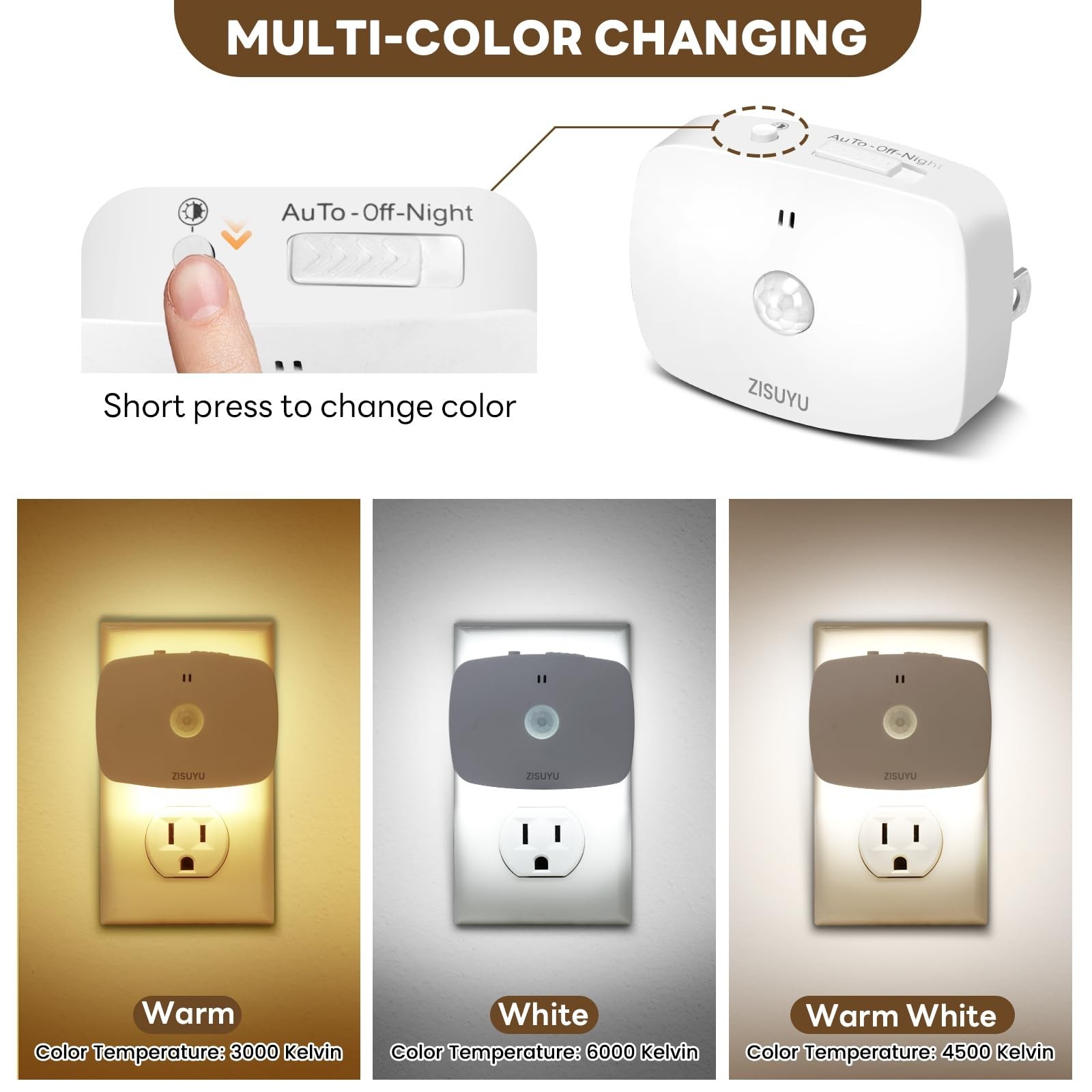 Dimmable LED Night Light with Motion & Dusk Sensor, Color-Changing, 6 Pack