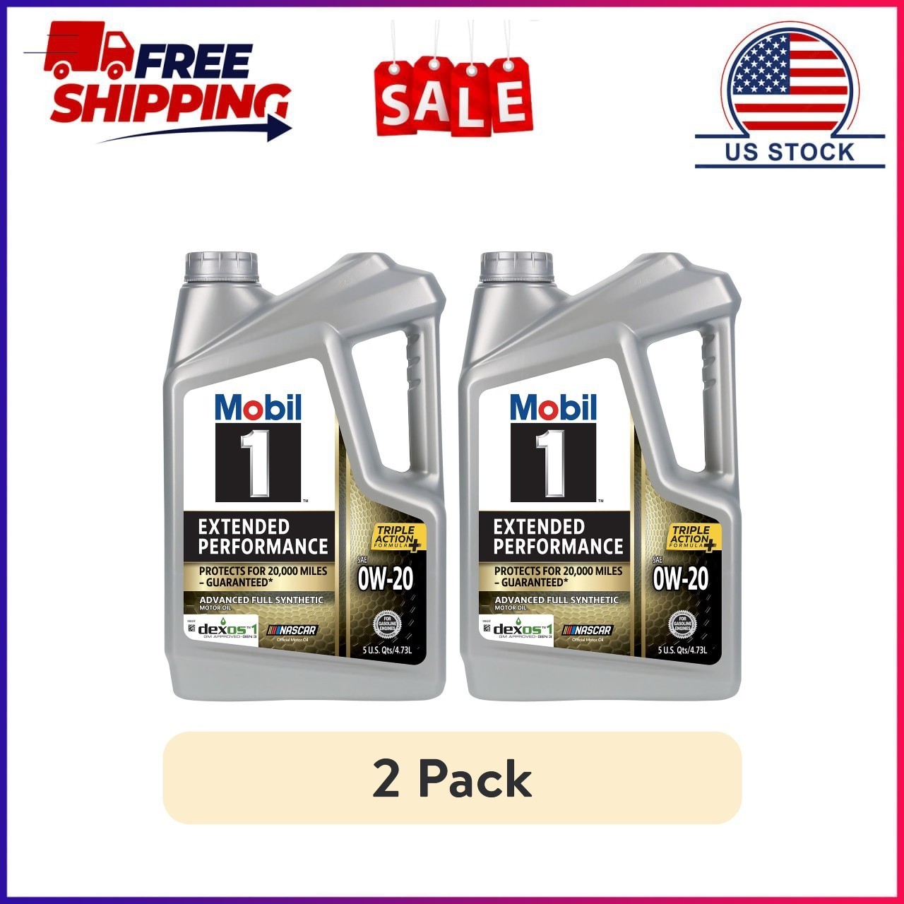 (2 pack) Mobil 1 Extended Performance Full Synthetic Motor Oil 0W-20, 5 Quart