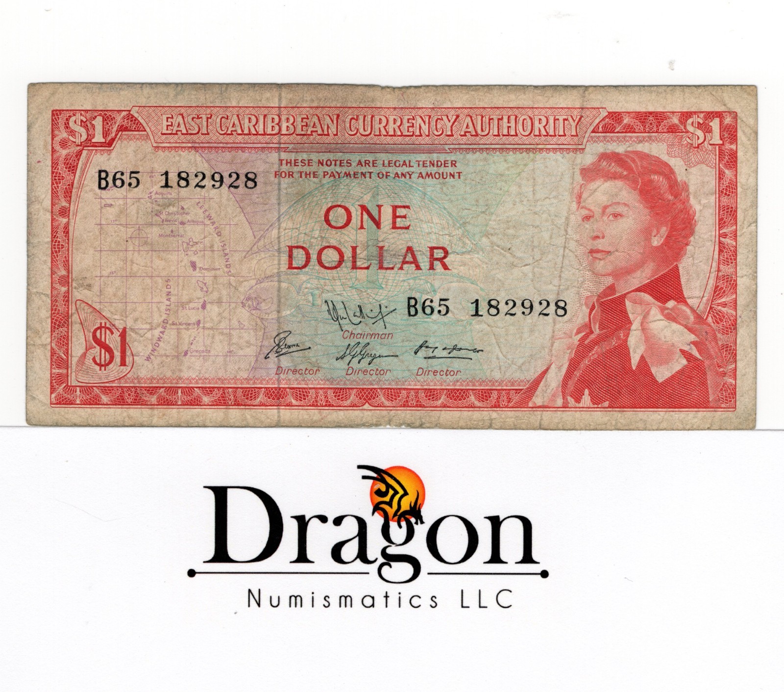 East Caribbean States, 1 Dollar 1965, VF, P-13f QEII CIRCULATED