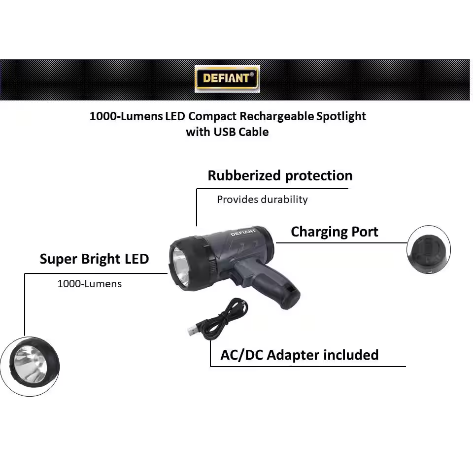 1000 Lumens LED Compact Rechargeable Spotlight with USB Cable
