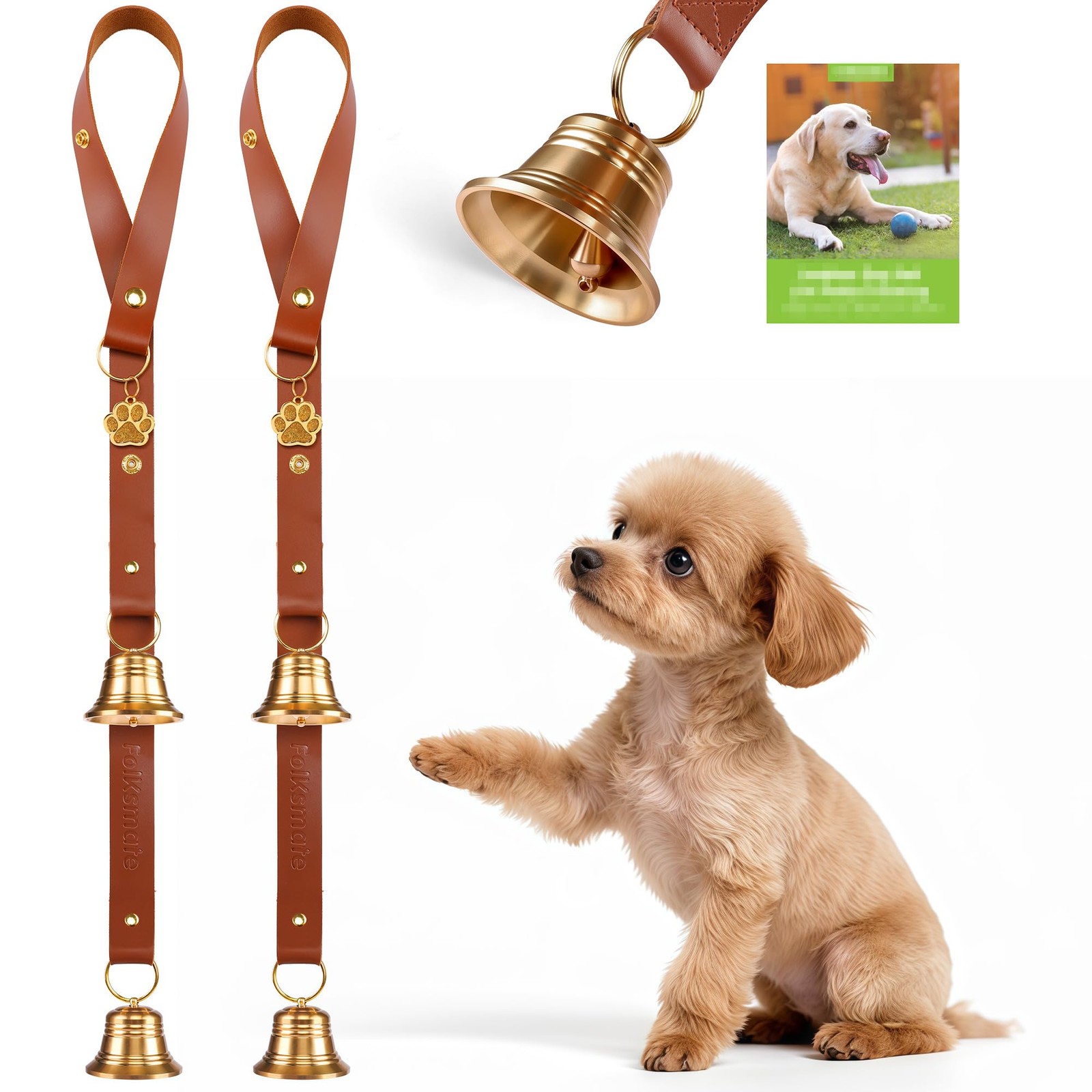 Leather Dog Door bells for Potty Training, Big Brass Puppy Dog Door Bells Ext...