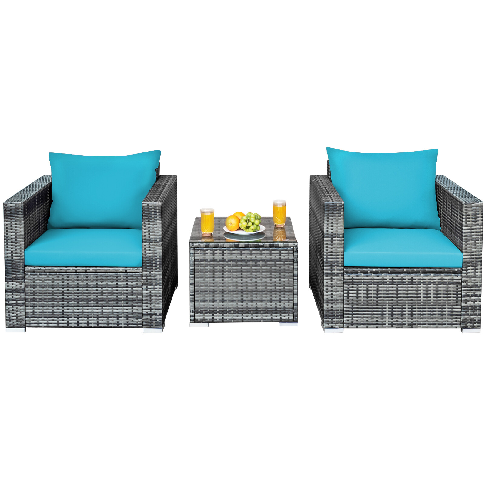Patiojoy 3PCS Patio Rattan Furniture Set Outdoor Bistro Set w/Washable Cushion