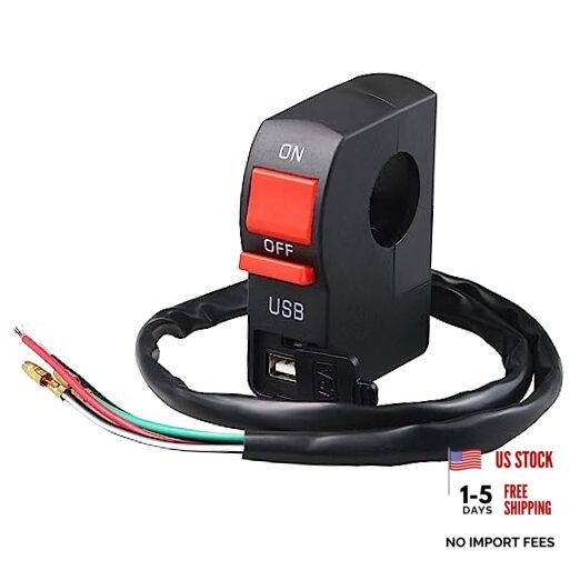 7/8′′ Motorcycle Handlebar On Off Push Button Switch with 12V5A USB Charger