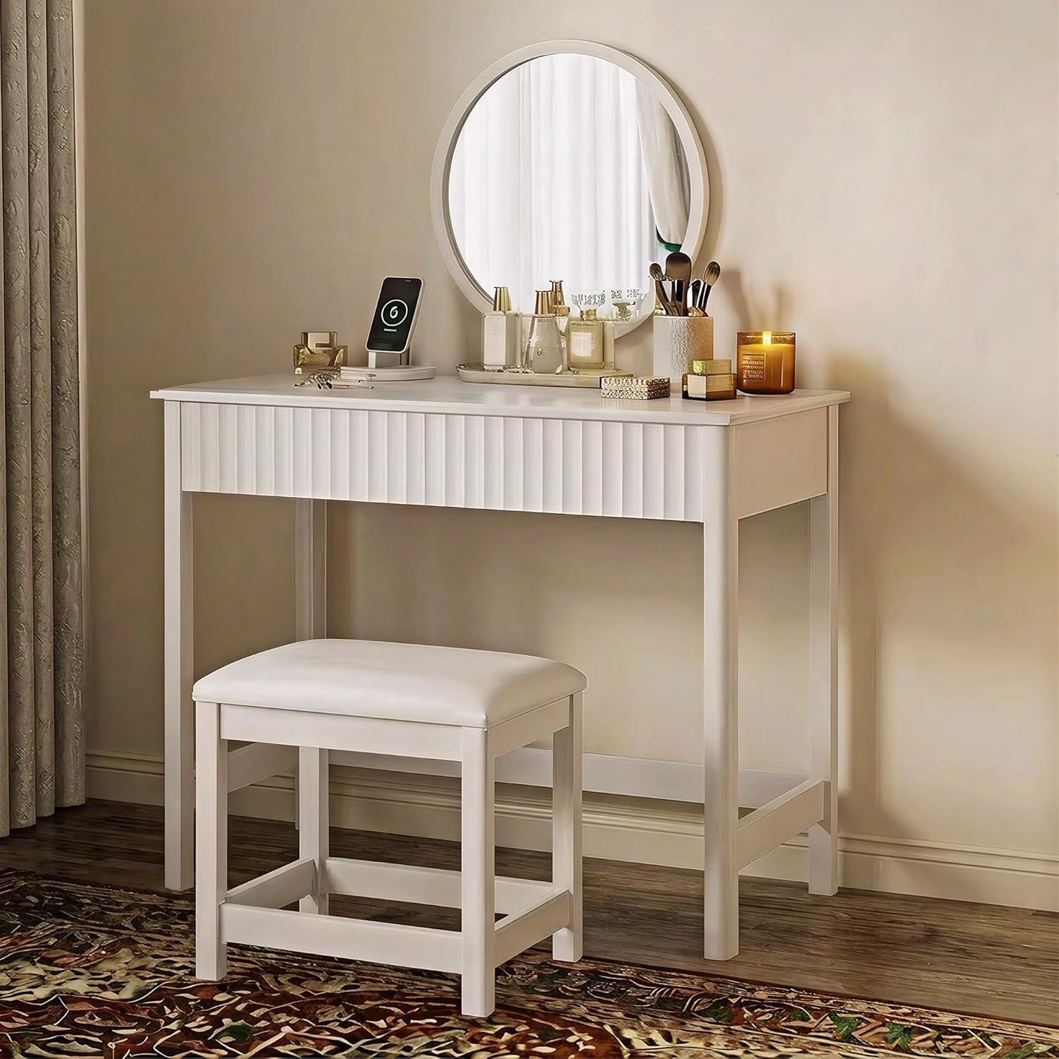40 Inch Modern Desk with Drawers & Padded Stool | Makeup Vanity Desk, Writing Co
