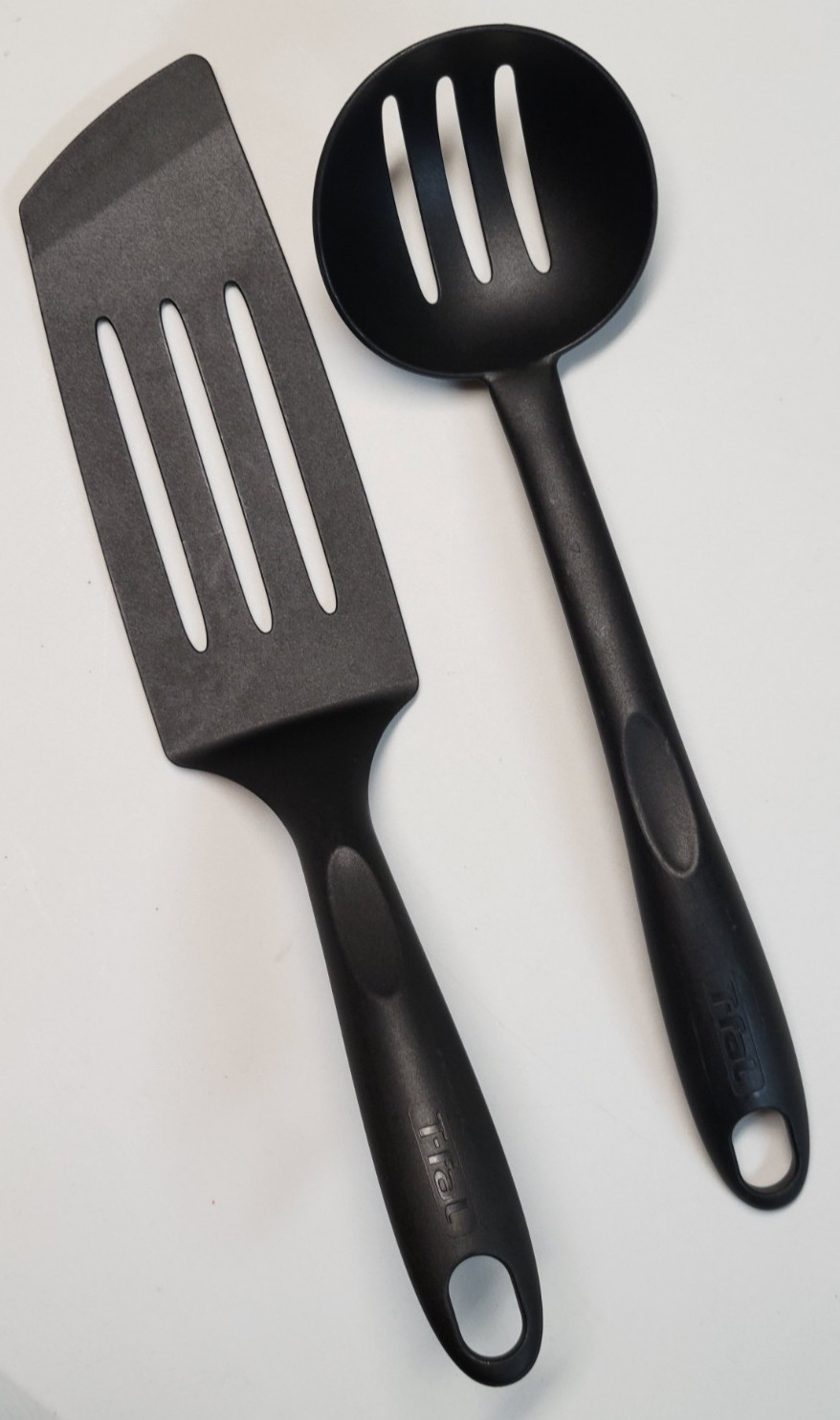 T-Fal Black Nylon Angled Fish Spatula Slotted Turner Long Blade & Strainer Spoon