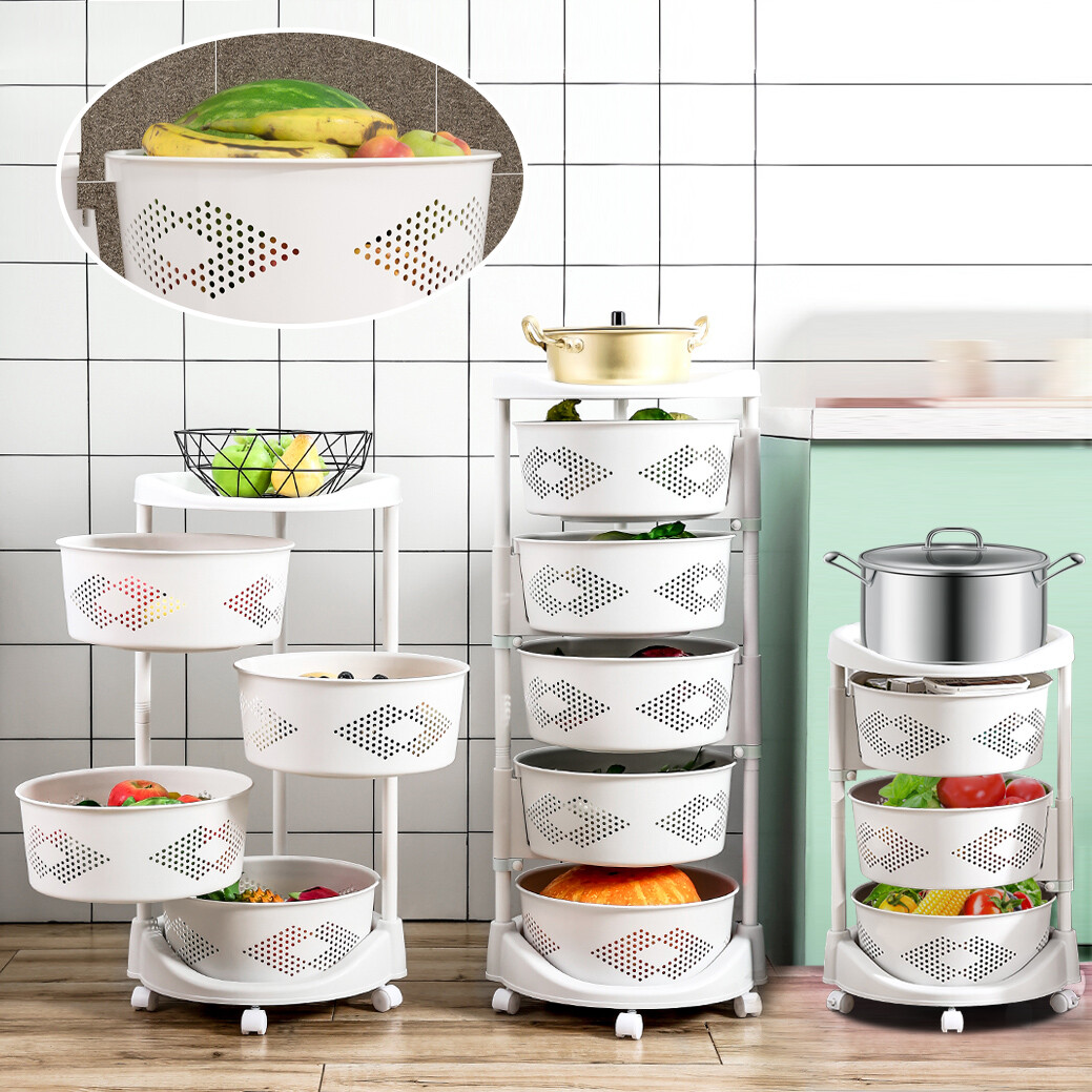Kitchen Storage Cart Rotating Basket Vegetable Rack Multi-Layer Storage Shelves